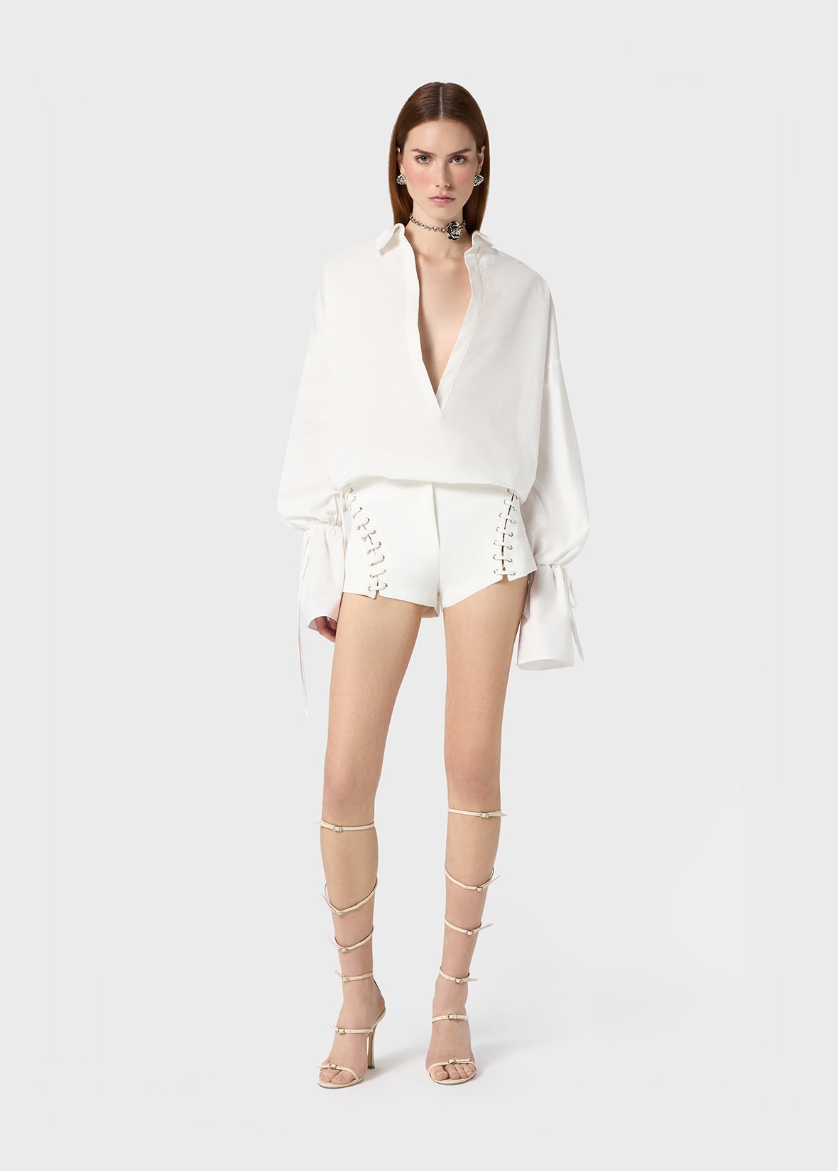 STRETCH COTTON SHORTS WITH EYELETS AND STRAPS - 2