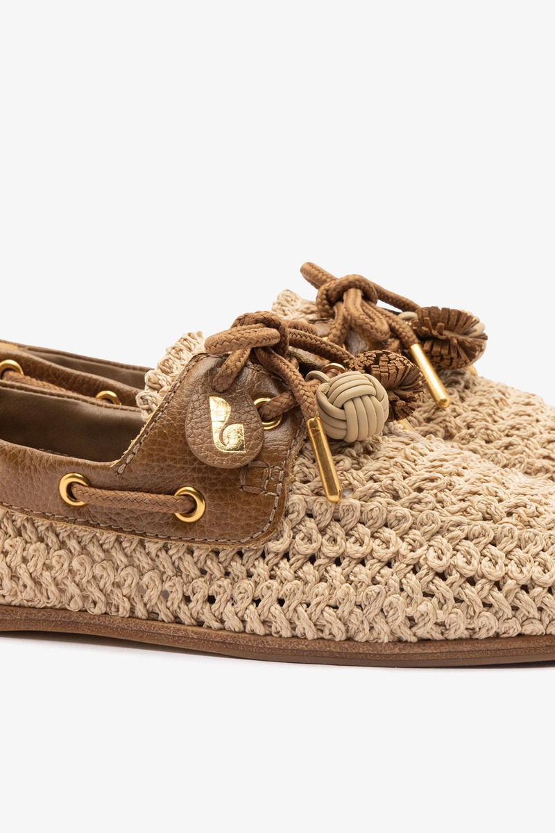 Cyprus Crochet Boat Shoe In Natural Crochet and Russet Leather 4