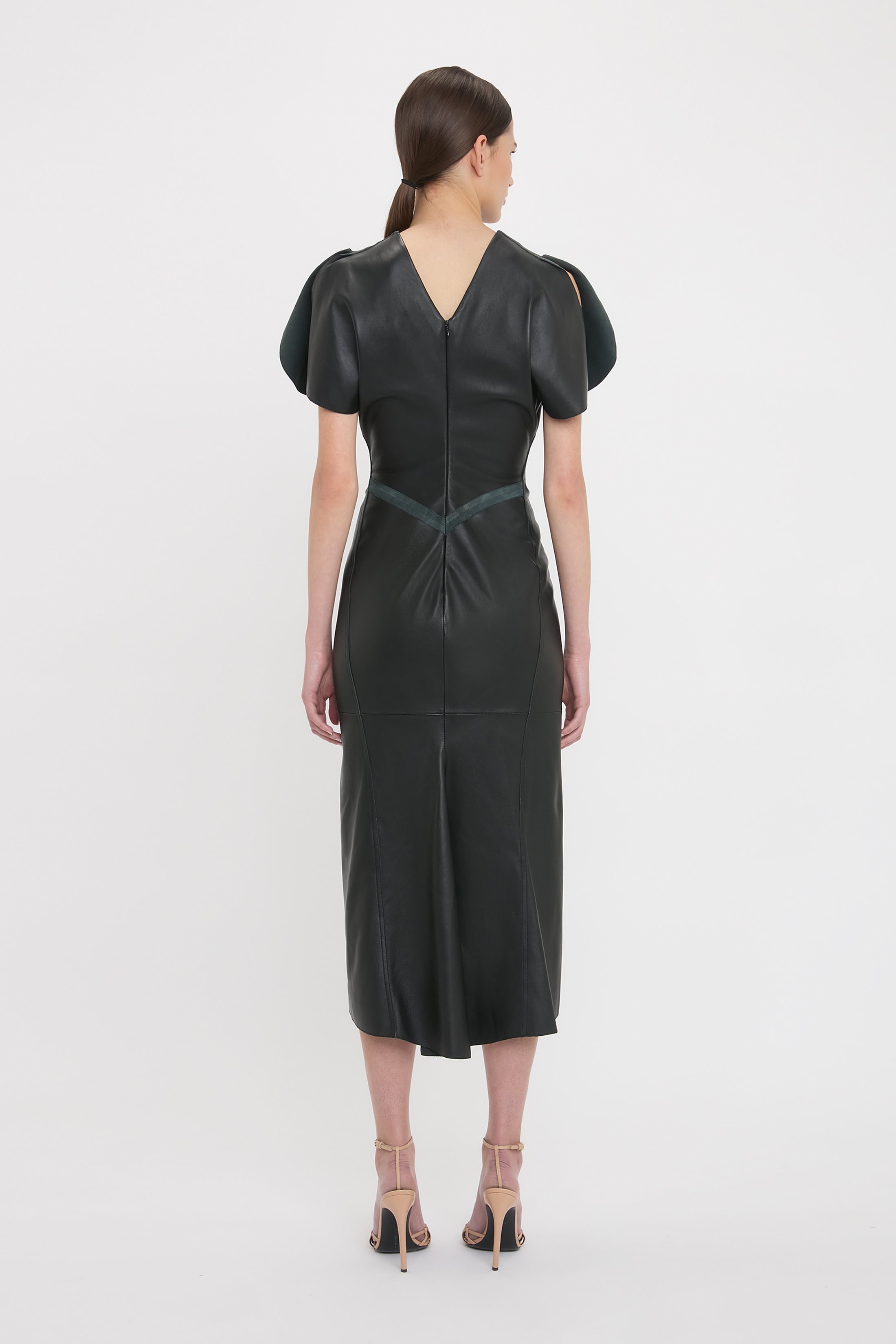 Gathered Waist Midi Dress In Soft Black Leather - 4