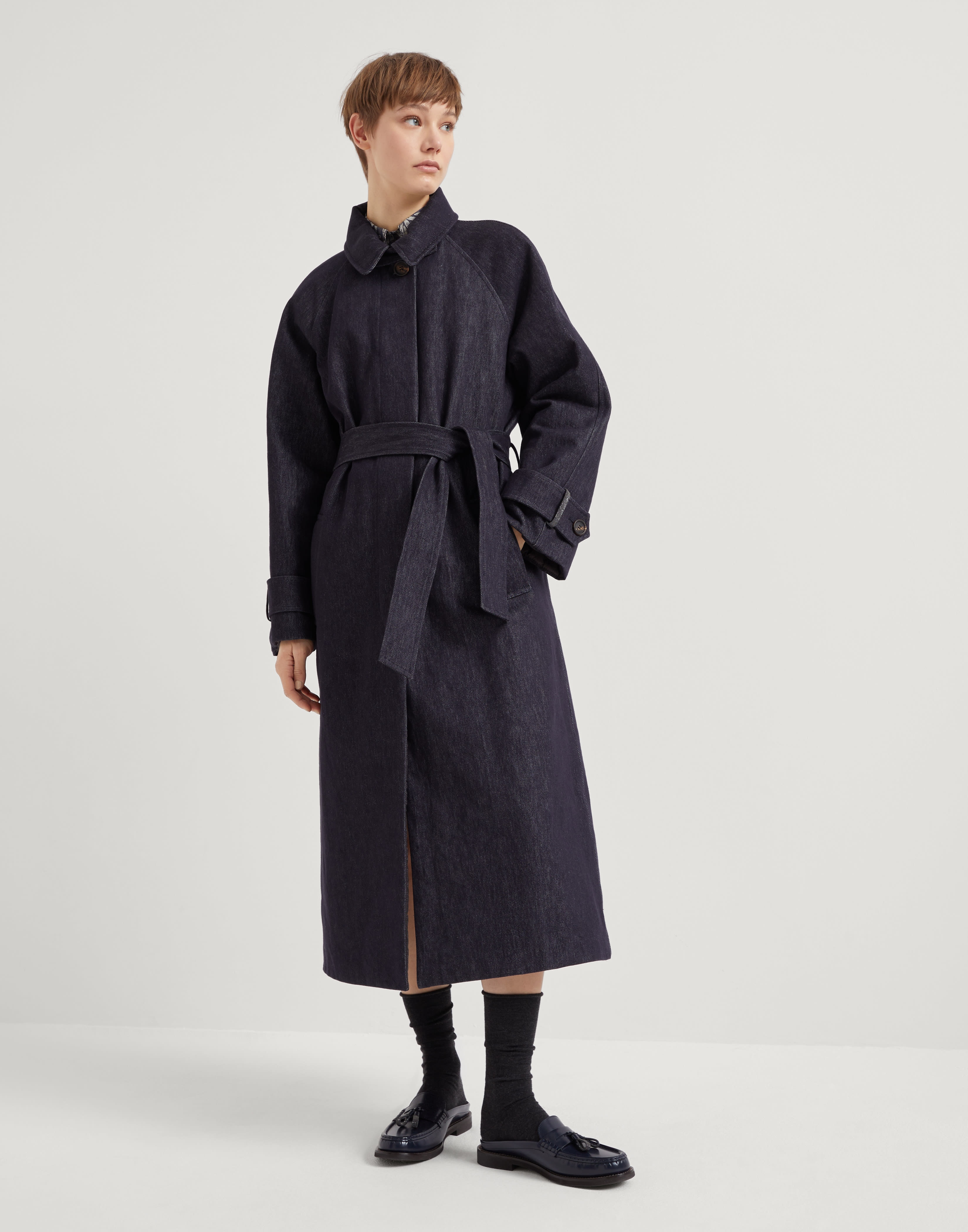 No-fade denim trench with Thermore® padding and shiny cuff details - 1
