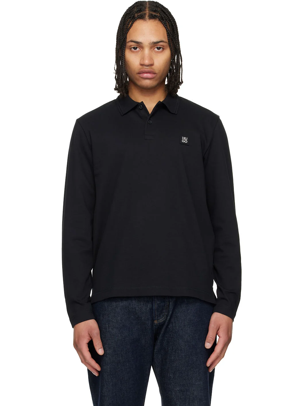 Black Stacked-Logo Cotton Blend Polo - 1