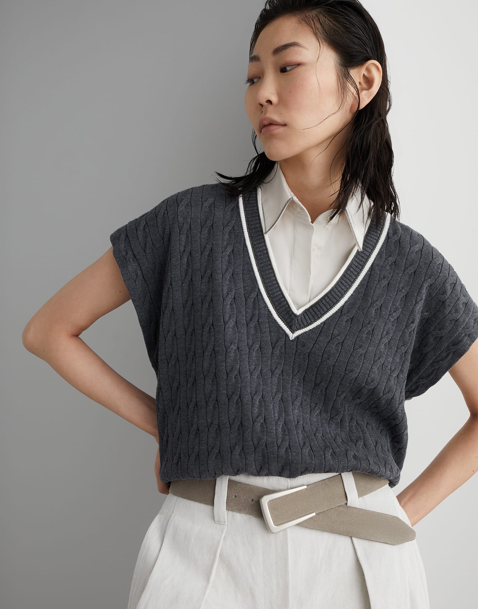 Cotton cable knit sweater with shiny contrast trims - 4