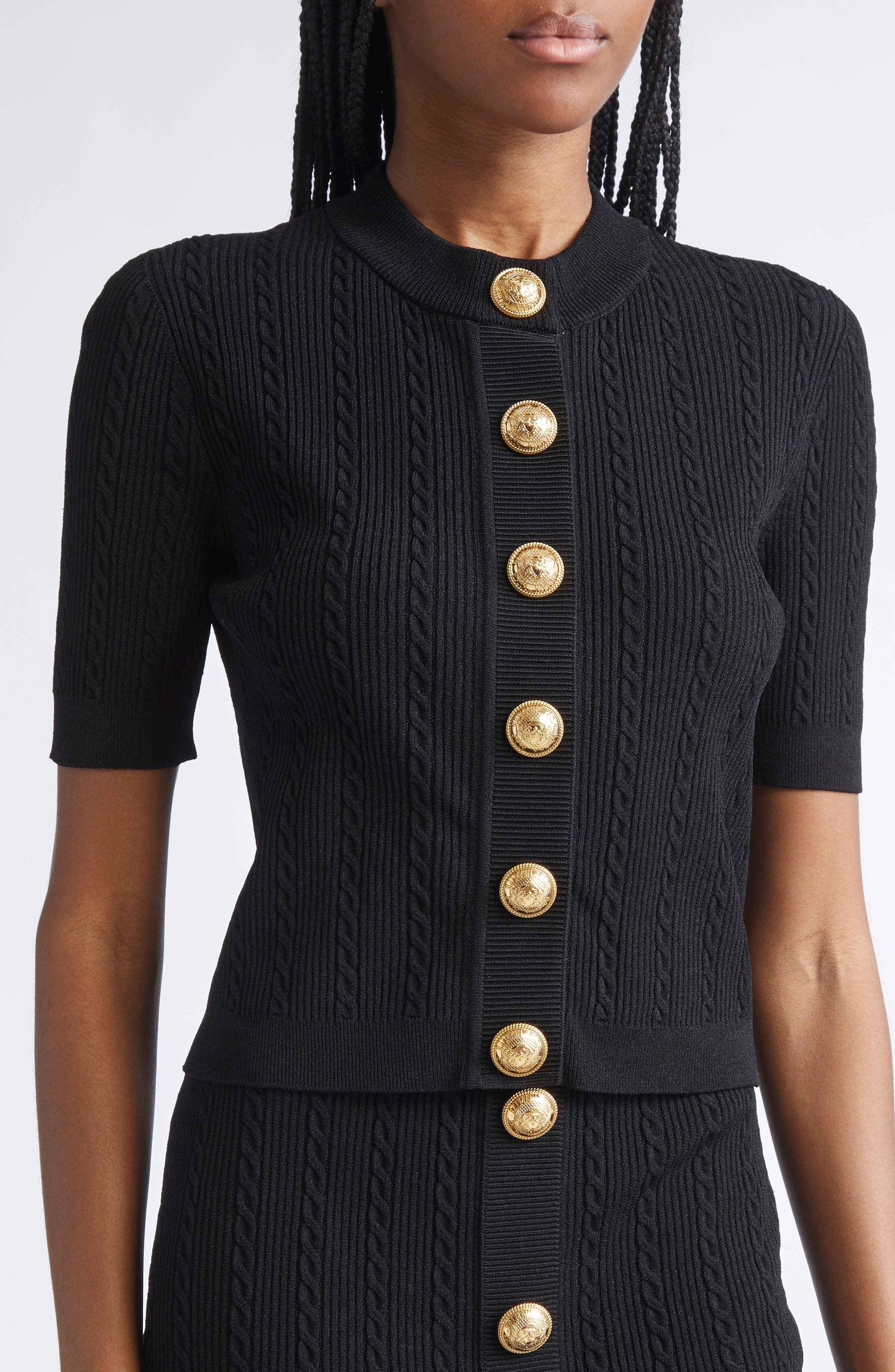 Balmain Cable Stitch Short Sleeve Cardigan in 0Pa Black at Nordstrom - 5