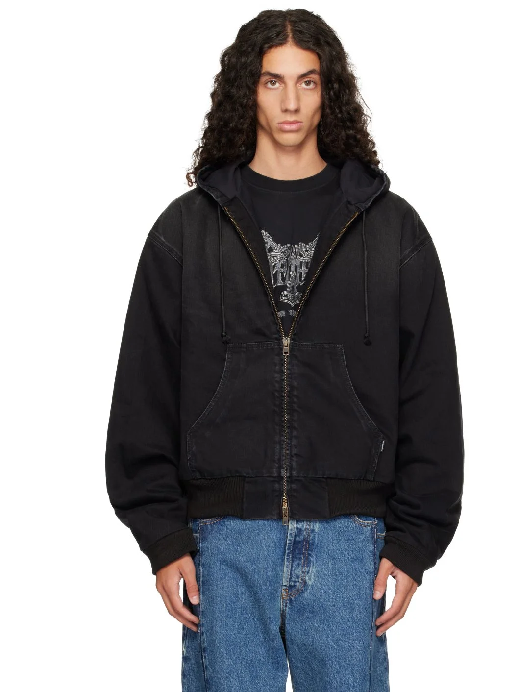 Black Denim Workwear Bomber Jacket - 1