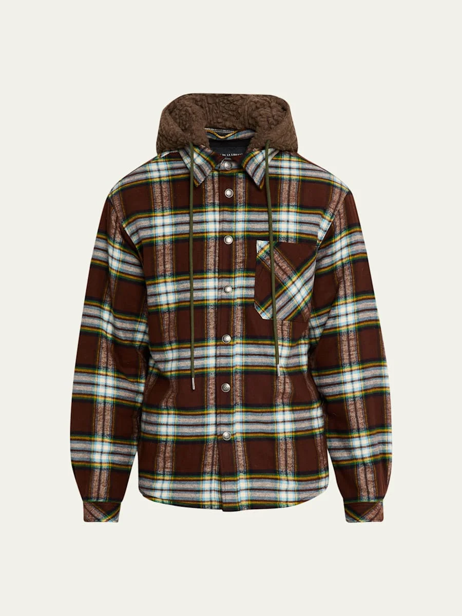 Men's Cotton Plaid Sherpa-Hooded Shirt Jacket - 1