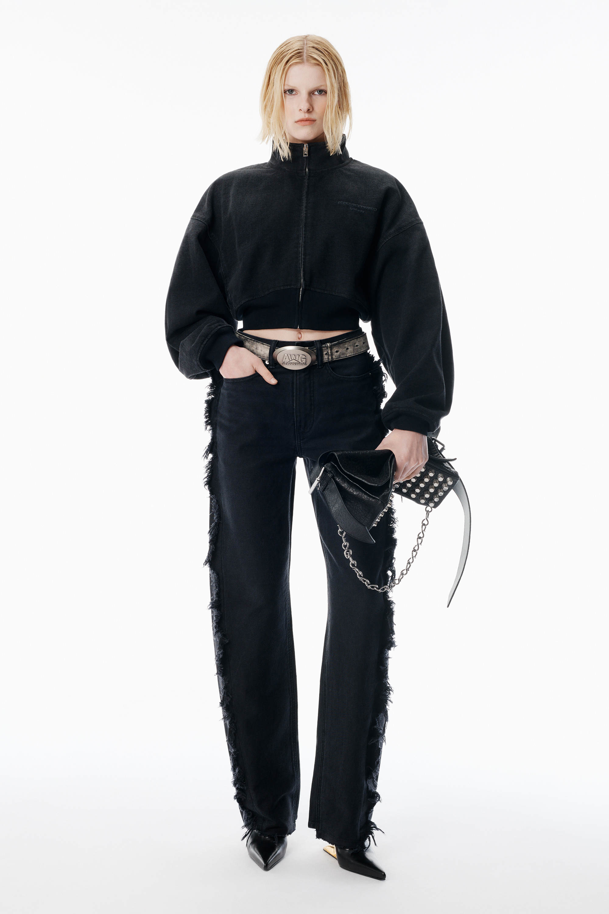 Black Brushed Denim Funnel Neck Jacket - 2