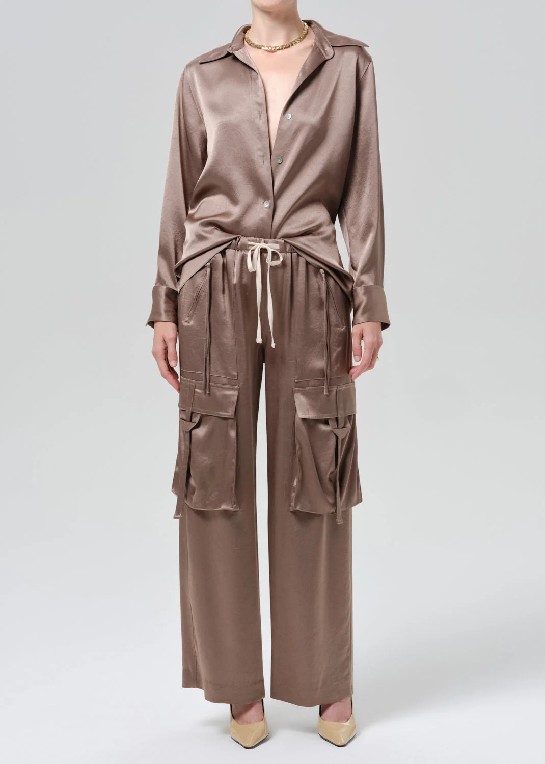 Tullah Japanese Hammered Satin Shirt In Cocoa - 1