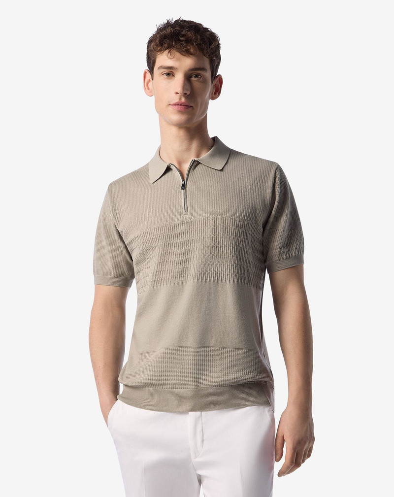 CORNELIANI Sandy white zip-up Pima cotton polo shirt outlook