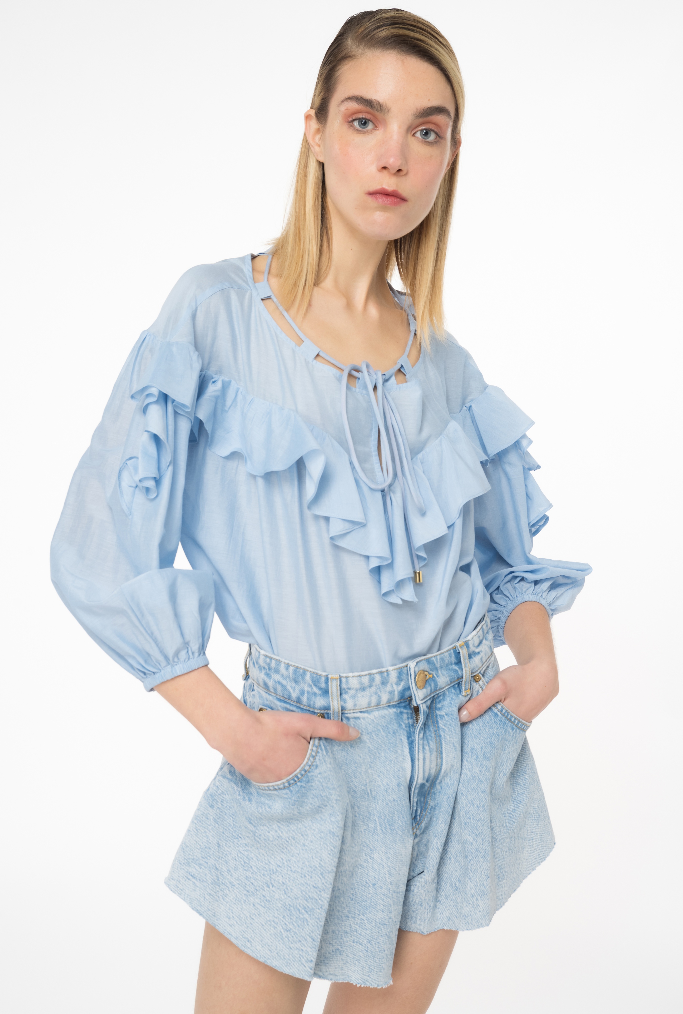 OCEAN BLUE DENIM BUTTERFLY SHORTS - 3