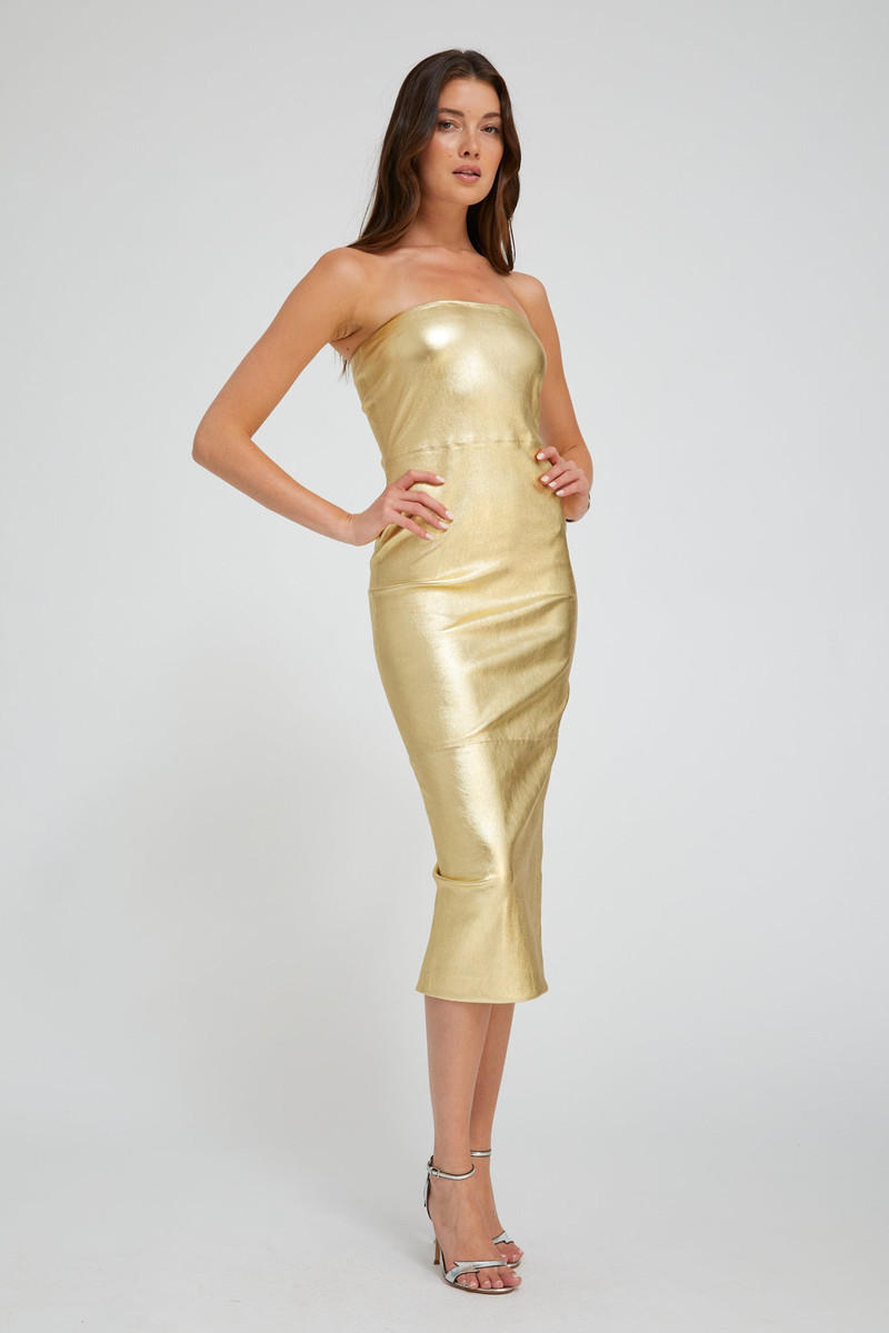 SPRWMN METALLIC GOLD LEATHER TUBE DRESS outlook