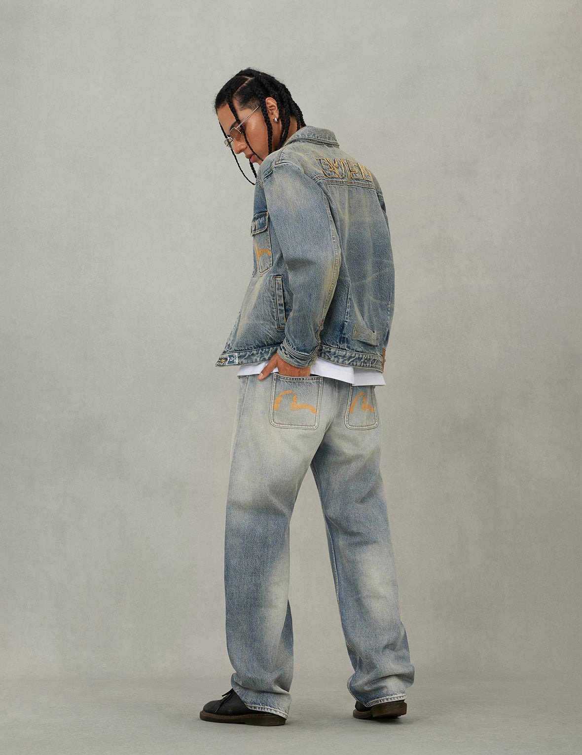 Distressed Seagull Print and Frayed Logo Patch Embroidery Relax Fit Denim Jacket - 6