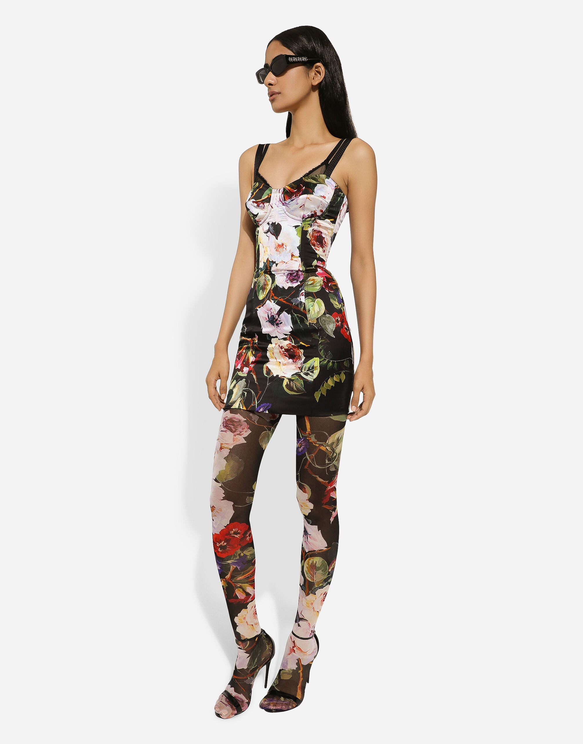 Short satin corset dress with rose garden print - 5