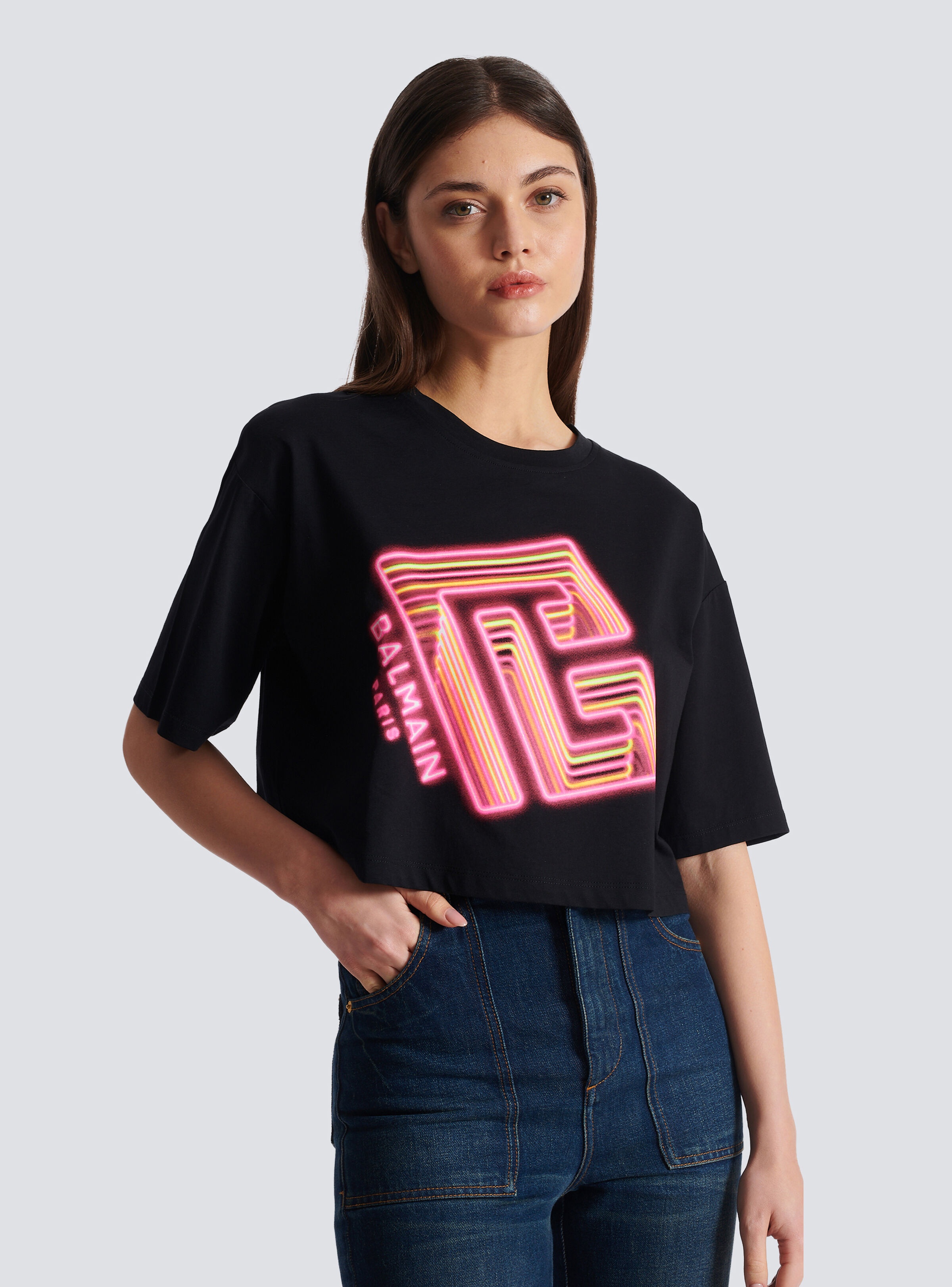 Cropped T-shirt with neon printed labyrinth logo - 6
