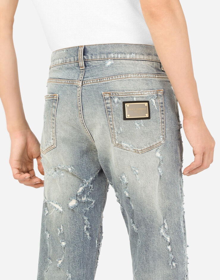 Slim-fit blue wash stretch jeans with abrasions - 5