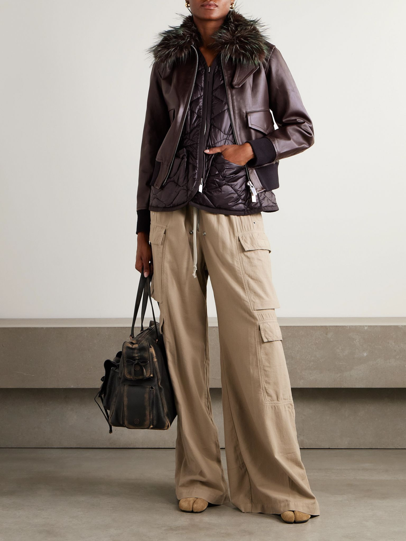 Convertible plush-trimmed padded leather jacket Brown - 2