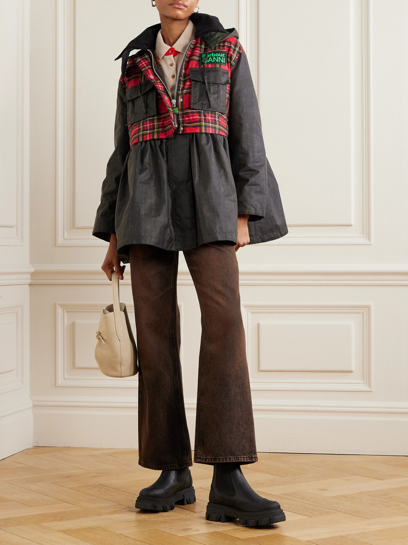 Barbour + Ganni Hooded Corduroy-trimmed Checked Waxed-cotton Peplum Jacket outlook