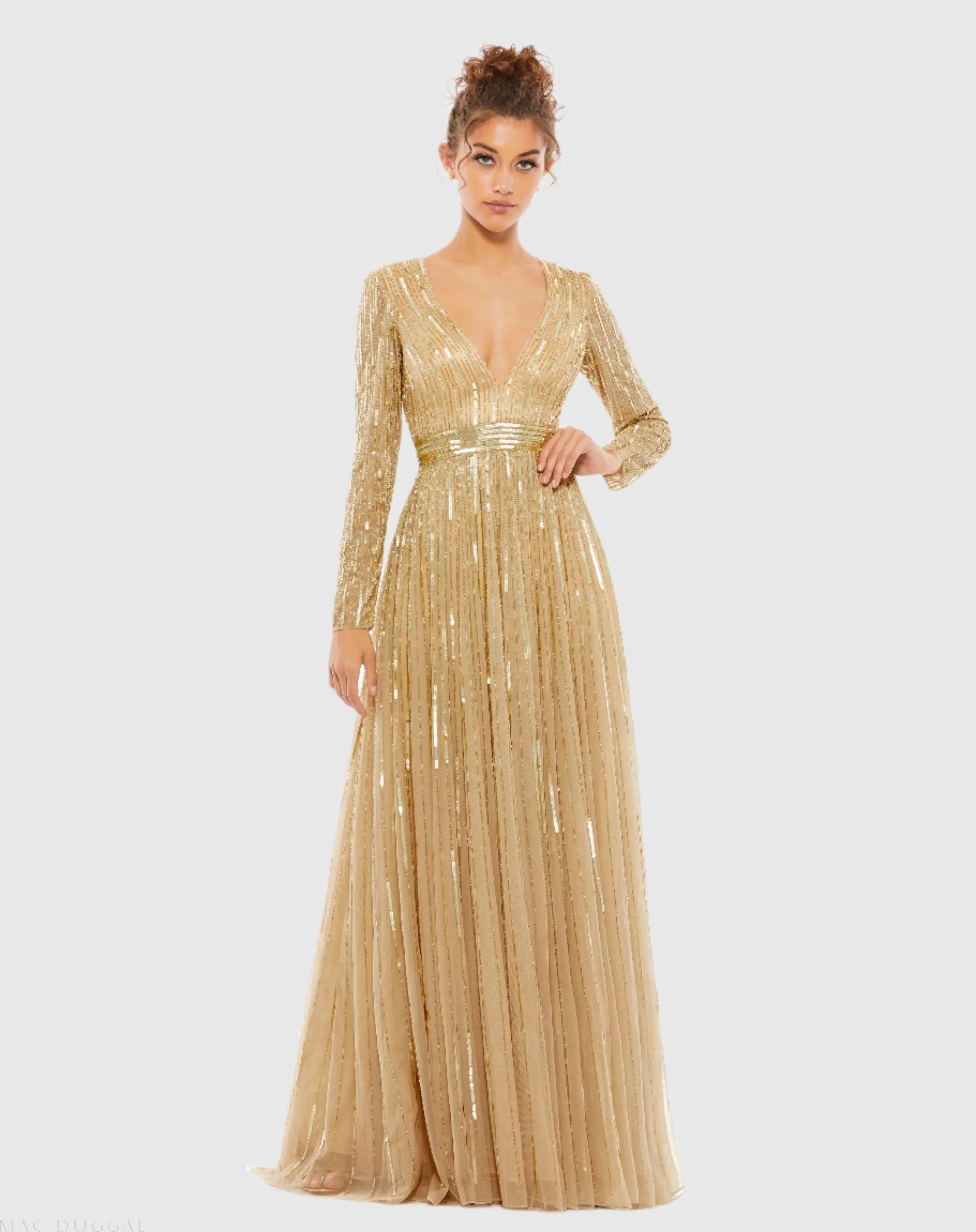 Gold Sequined V Neck Illusion Sleeve A Line Gown - 1