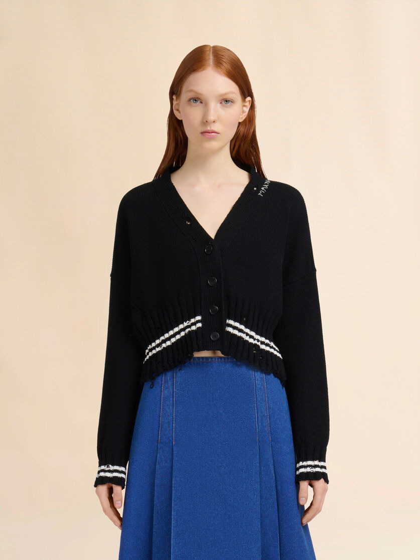 BLACK DISHEVELLED COTTON CARDIGAN - 2