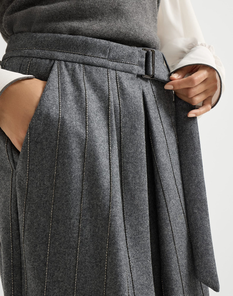 Virgin wool flannel sartorial wrap skirt with shiny Chalk Stripe embroidery 3