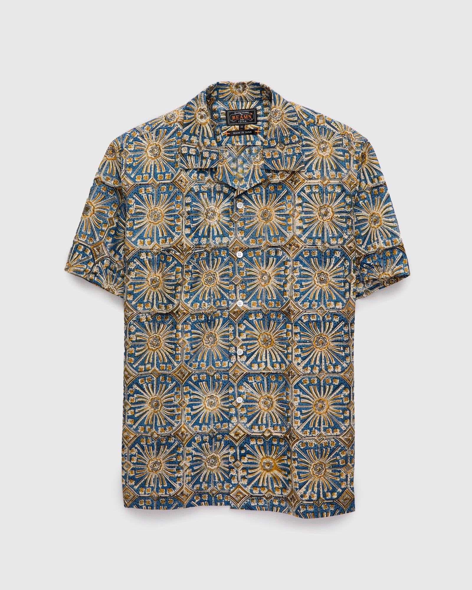 Floral Stamp Block Print Open Collar Shirt in Yellow - 1