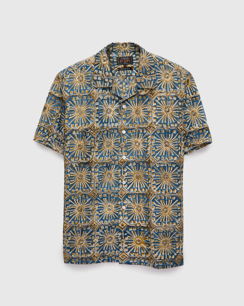 Floral Stamp Block Print Open Collar Shirt in Yellow 1