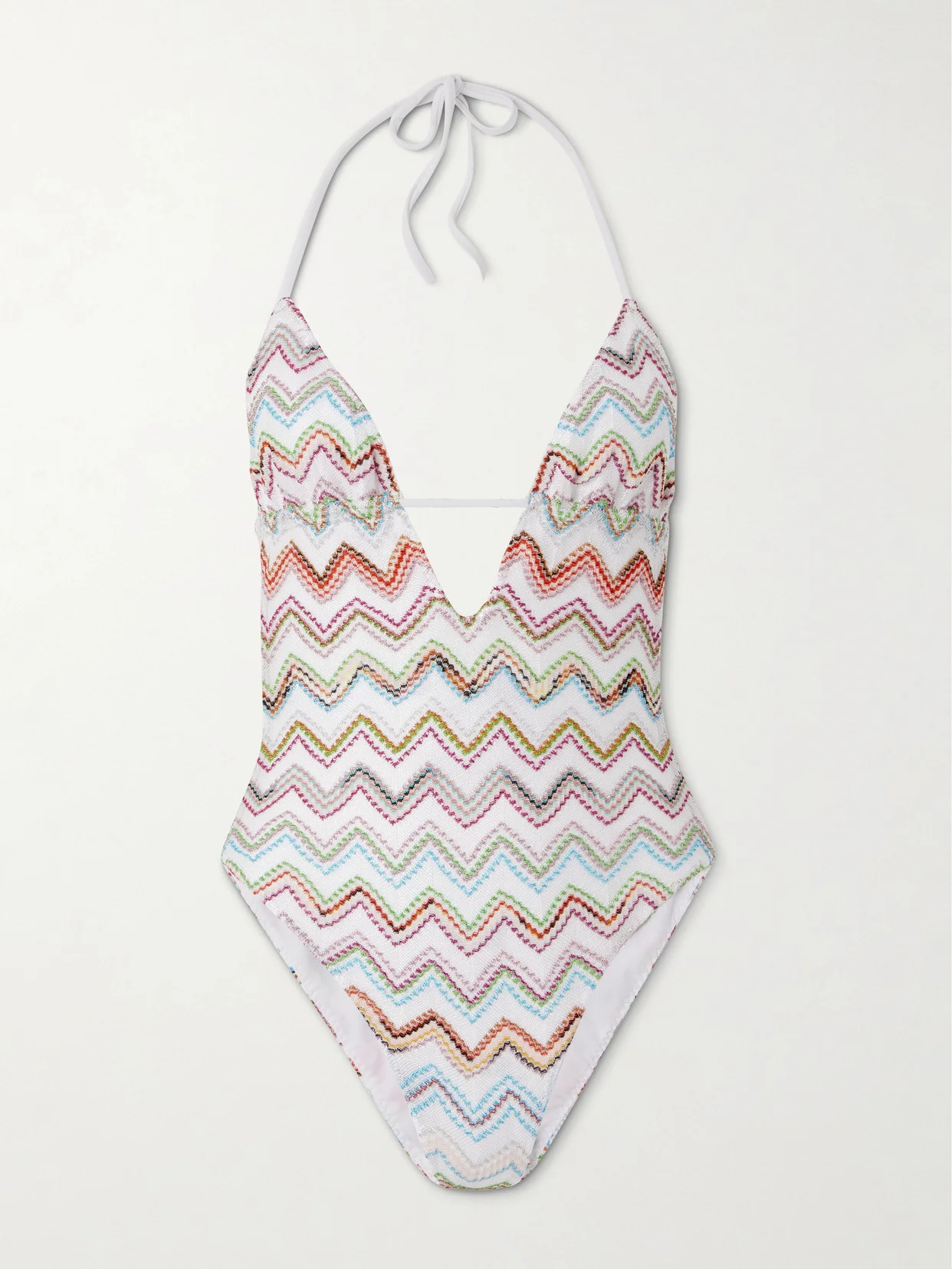 Striped Metallic Crochet-knit Halterneck Swimsuit - 1