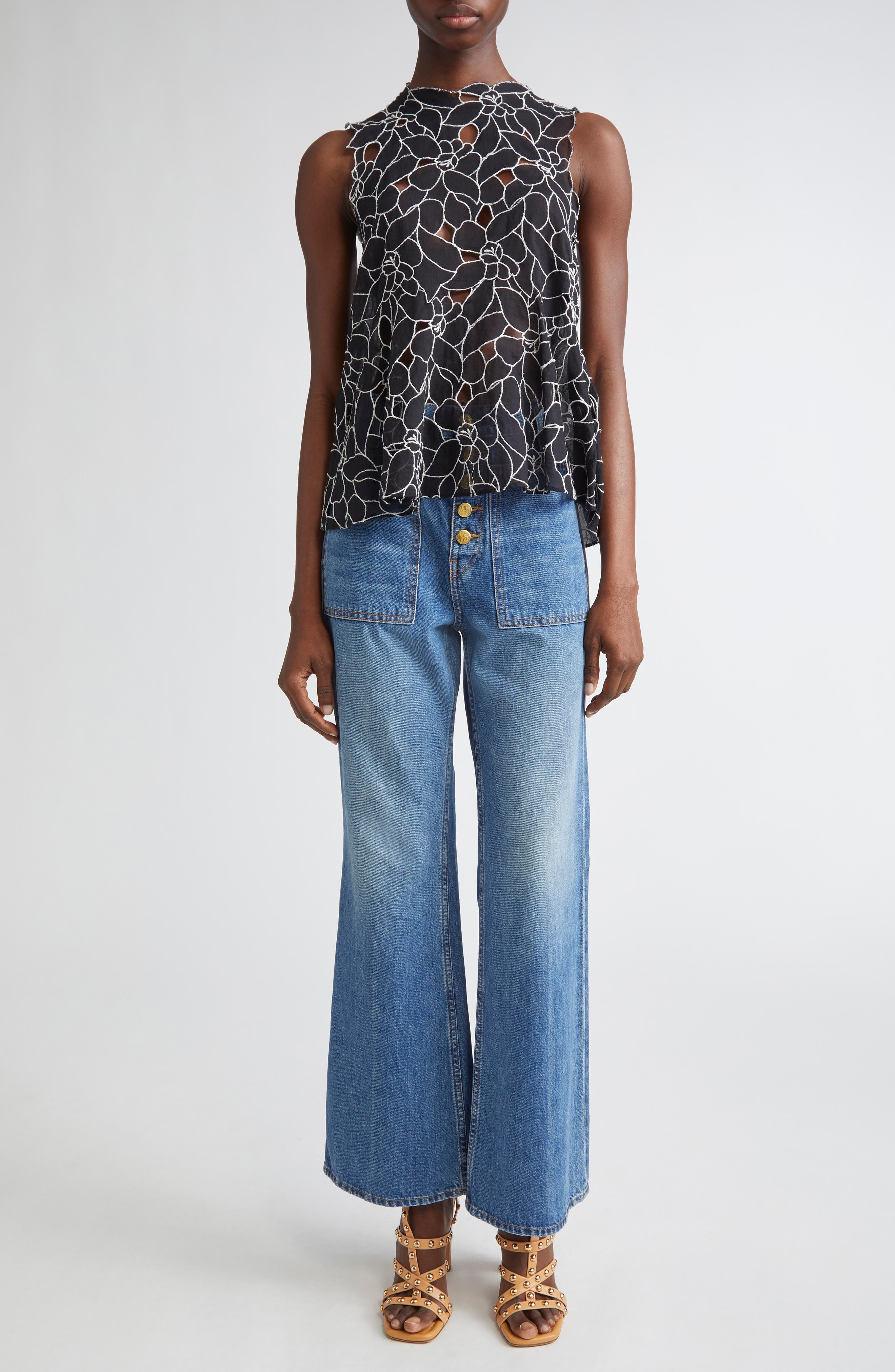 Ulla Johnson Ali Embroidered Cutout Sleeveless Top in Noir at Nordstrom - 2