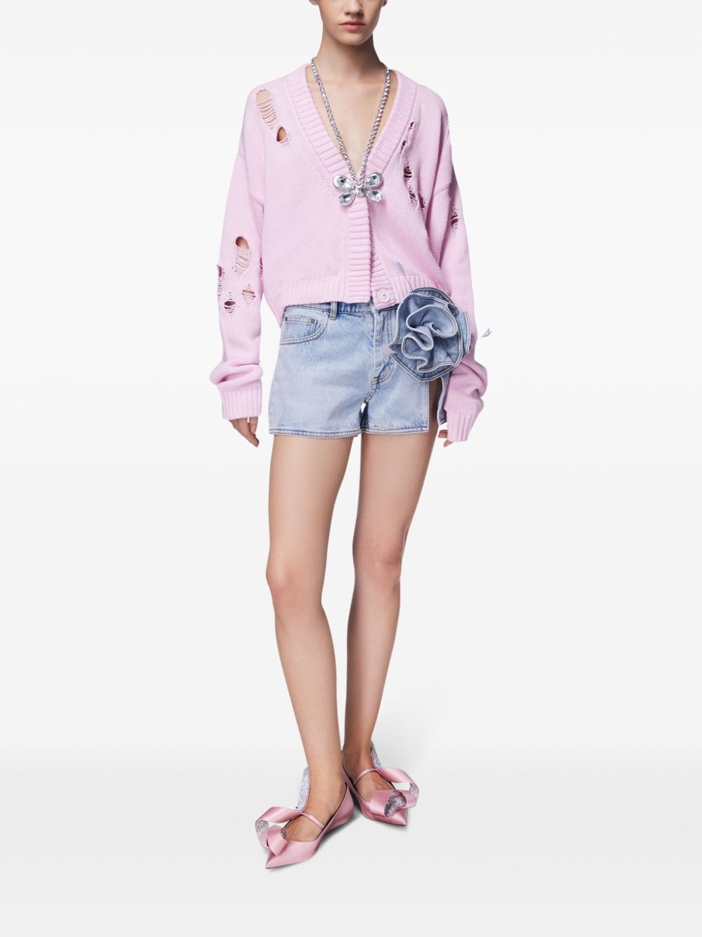 floral-appliqué denim shorts - 2