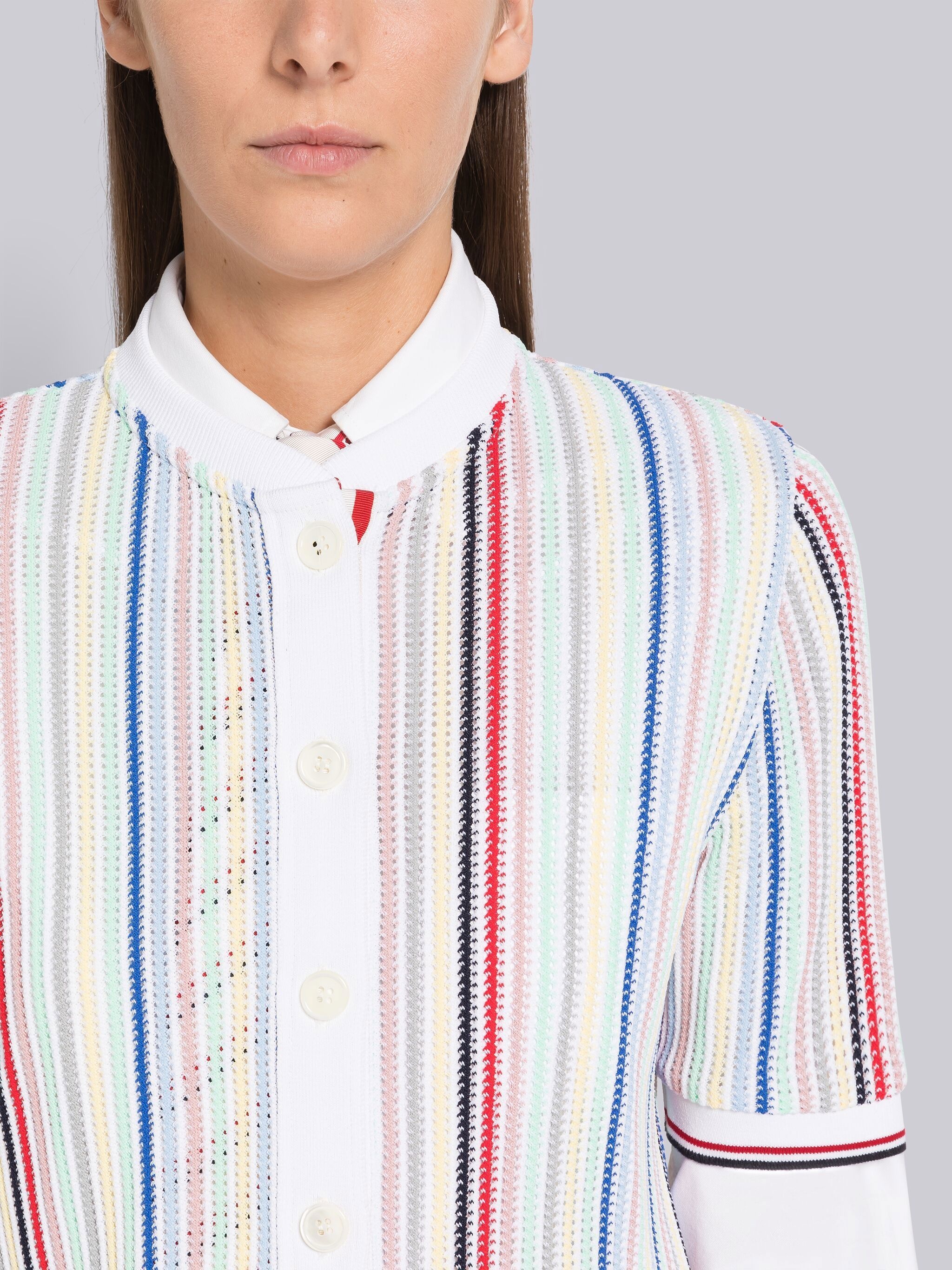 Stripe Viscose Mesh Tipping Short Sleeve Cardigan - 5