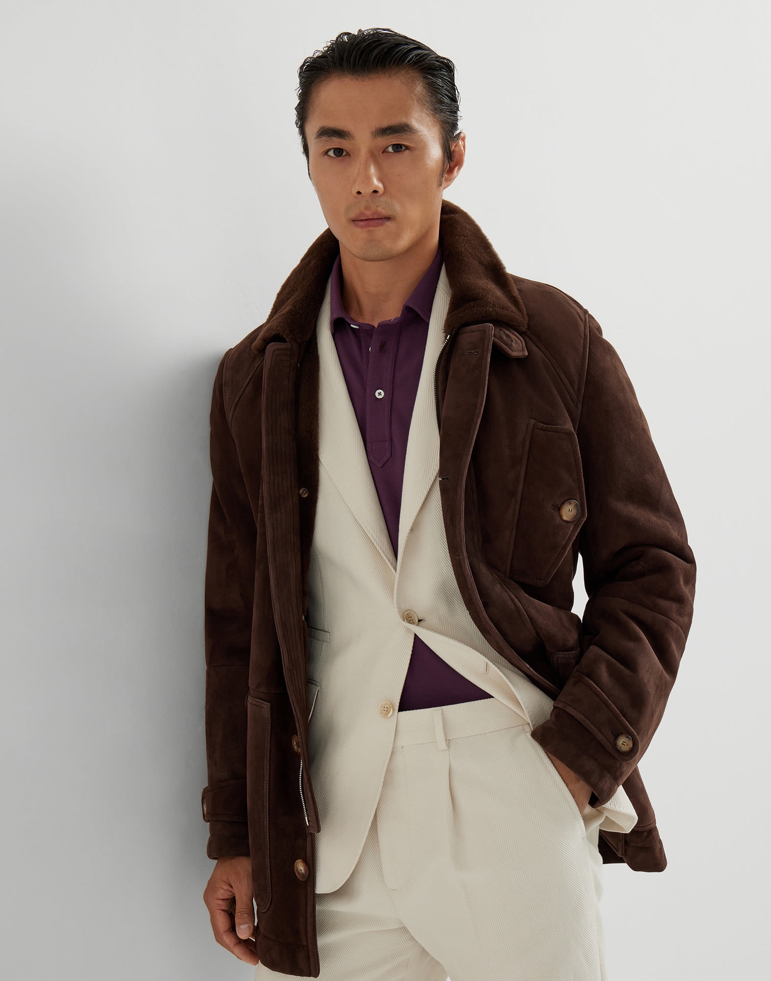 Tone-on-tone suede shearling coat - 4