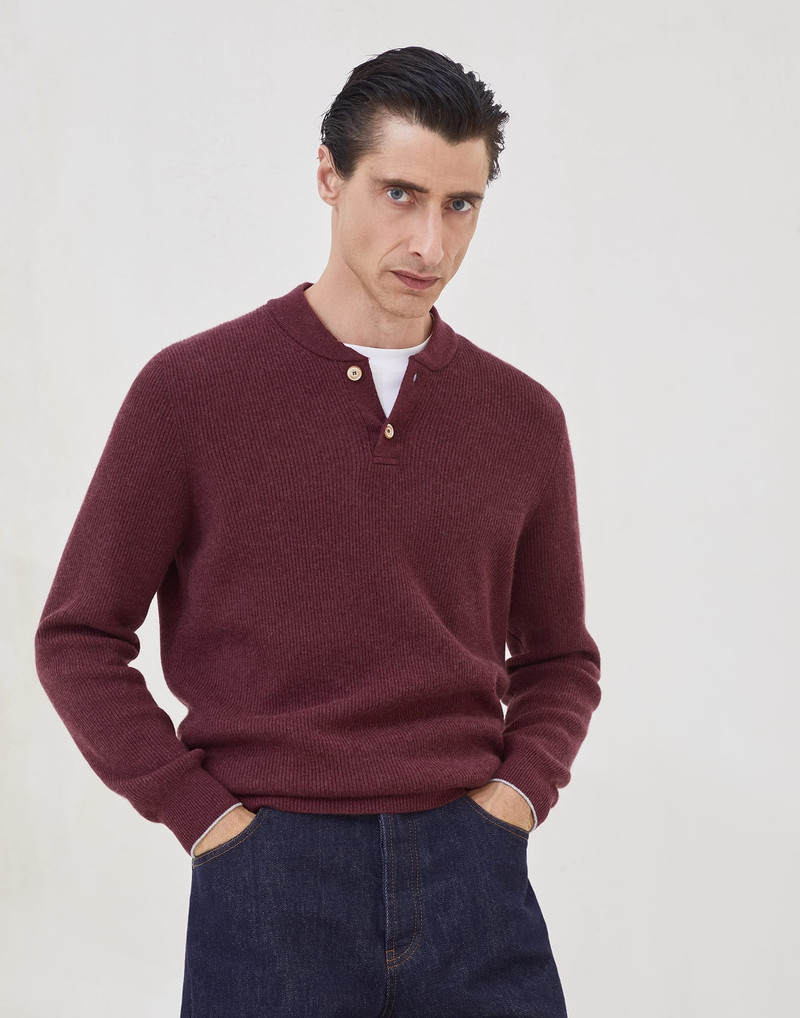 Cashmere English rib sweater with Henley collar - 1