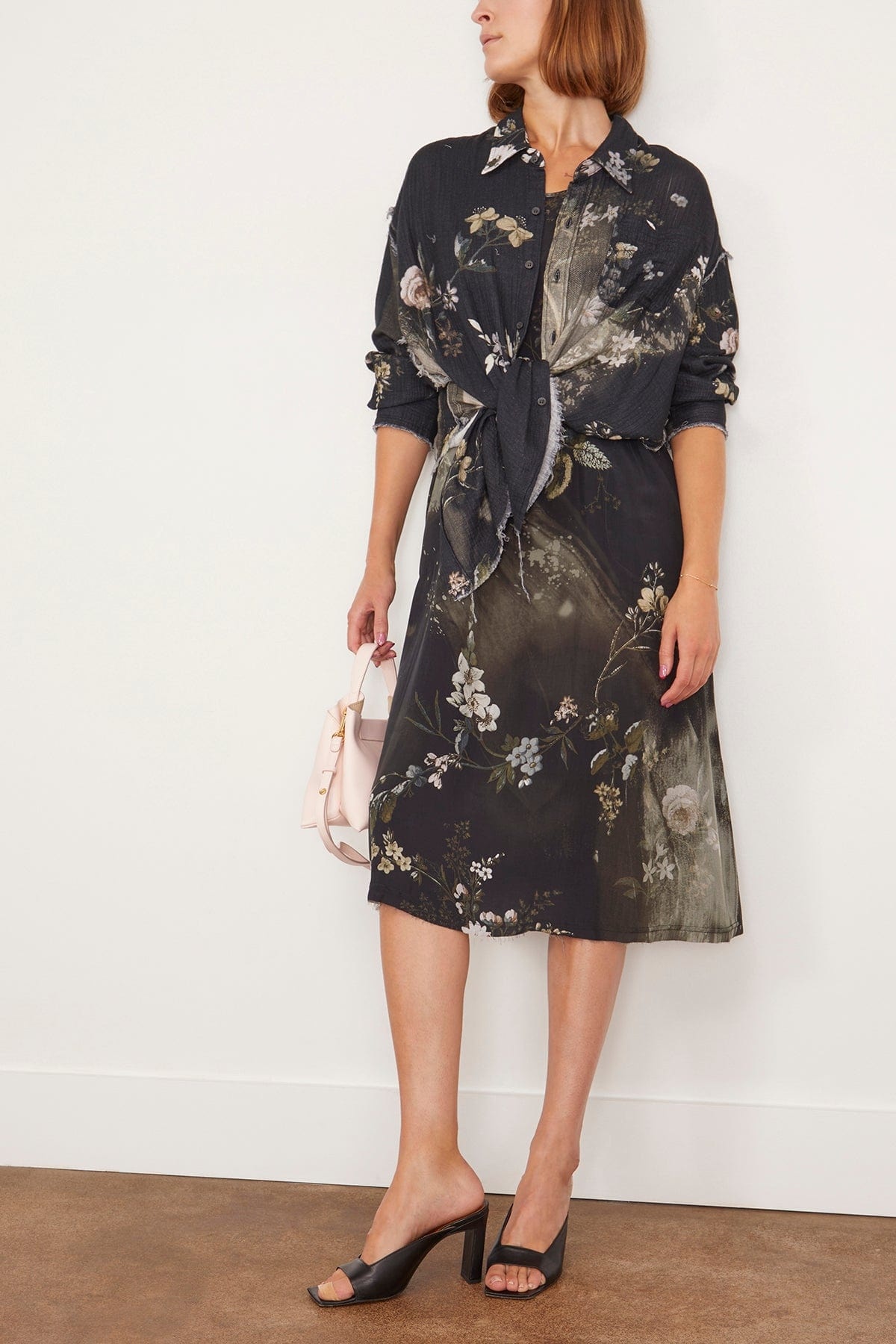 Shredded Seam Drop Neck Shirt in Black Bleached Floral - 2