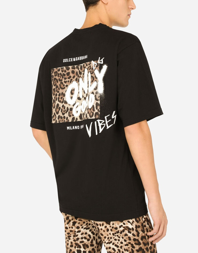 Printed cotton T-shirt with frayed patch 5