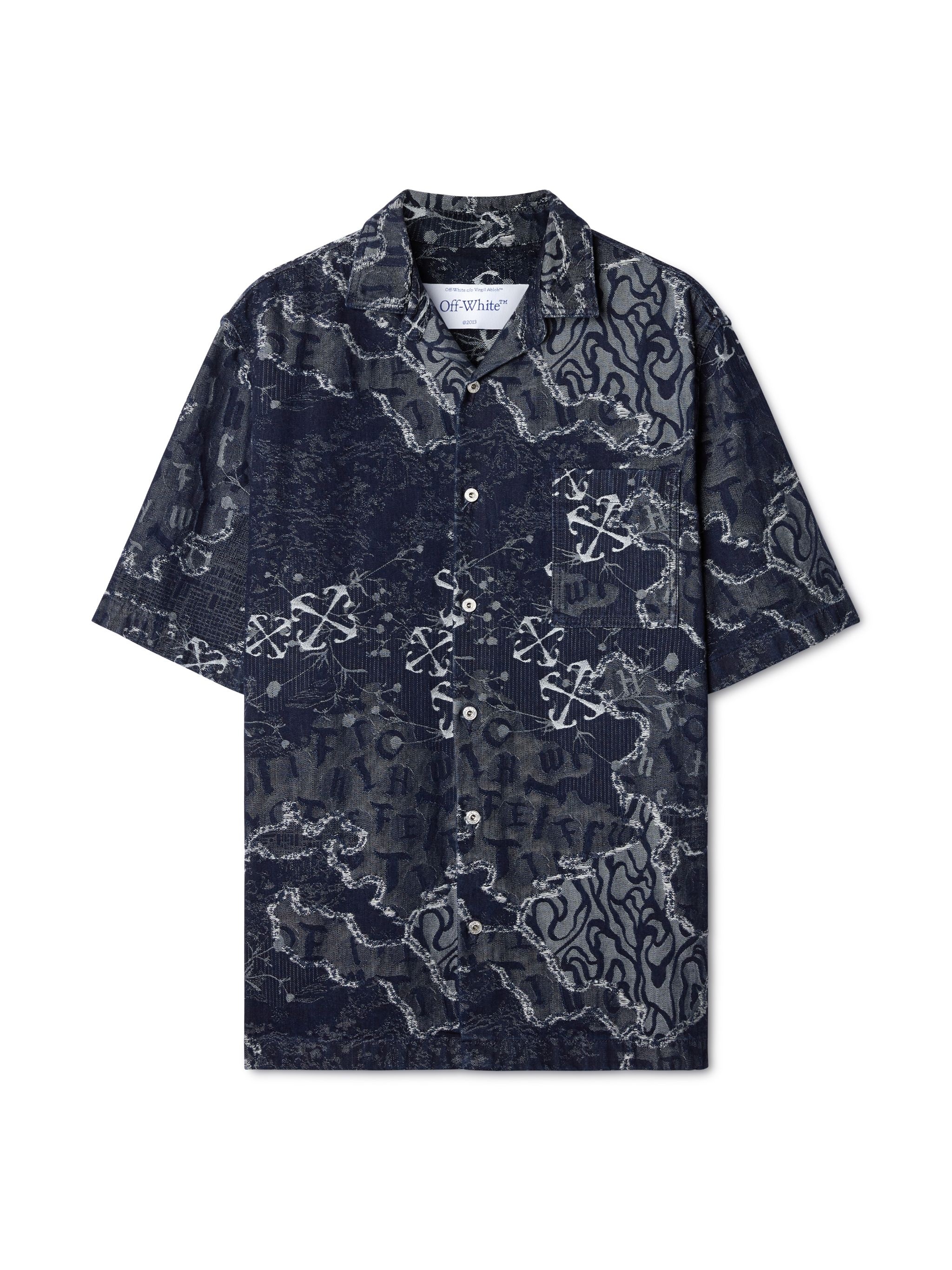 Blue Camo Jacquard Denim Bowling Shirt - 1