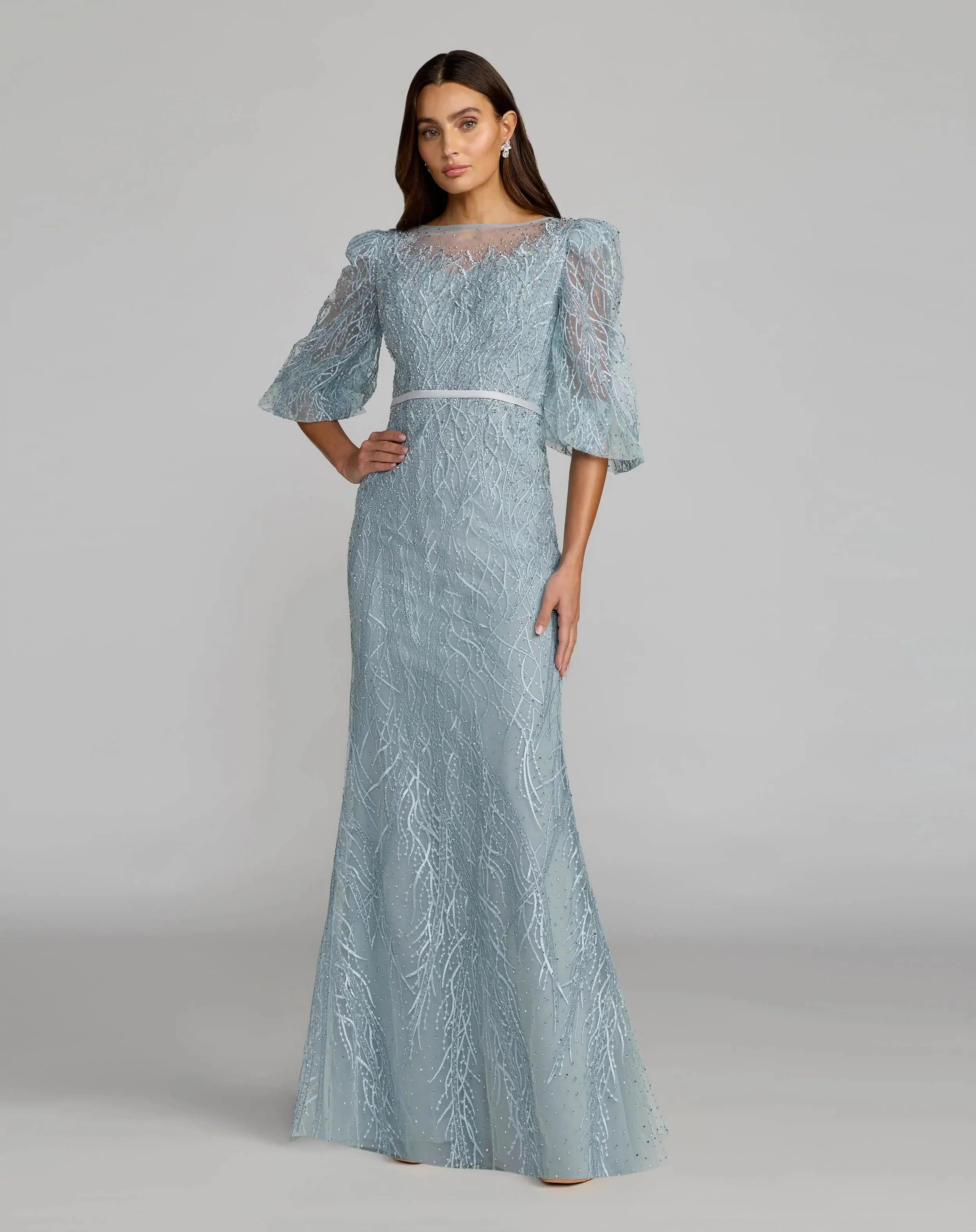 Blue Embroidered Boat Neck Puff Sleeve Gown - 1