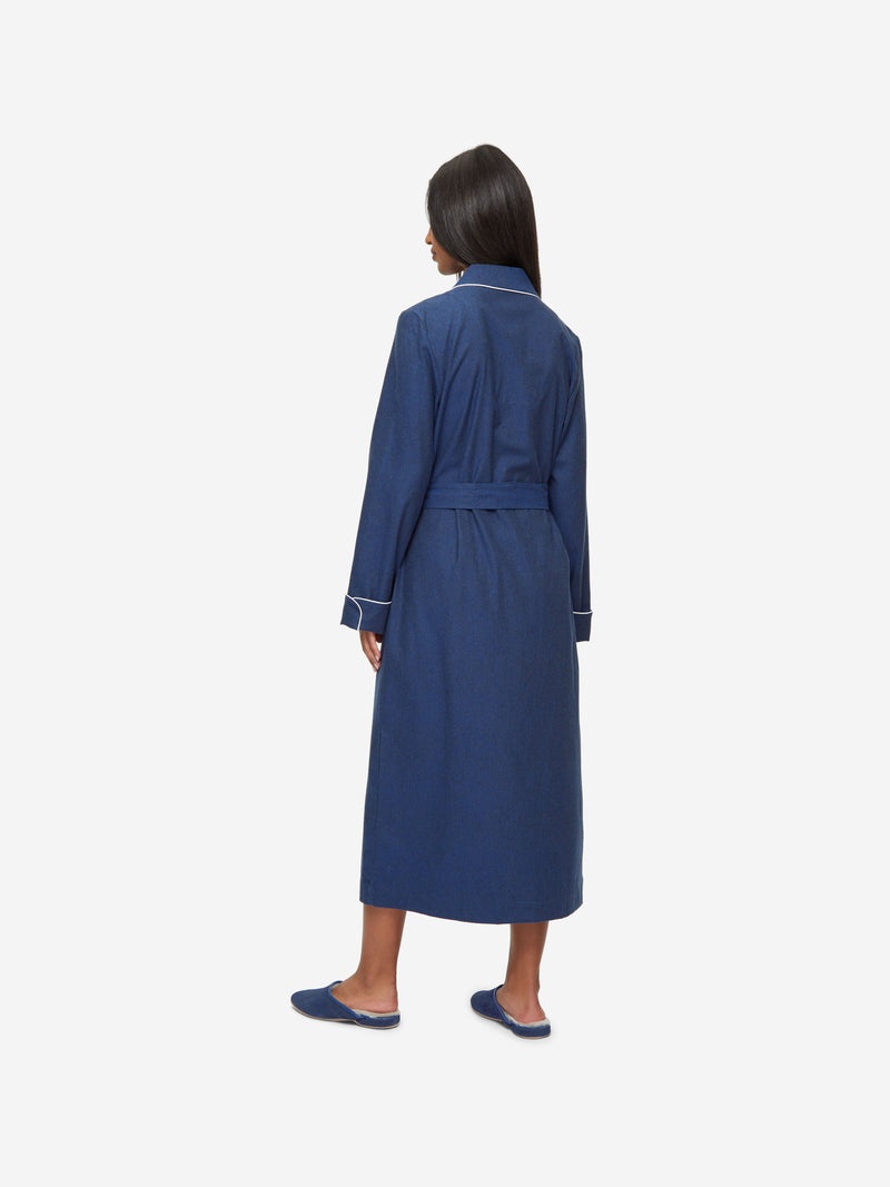 Women's Long Dressing Gown Balmoral 3 Brushed Cotton Navy - 3