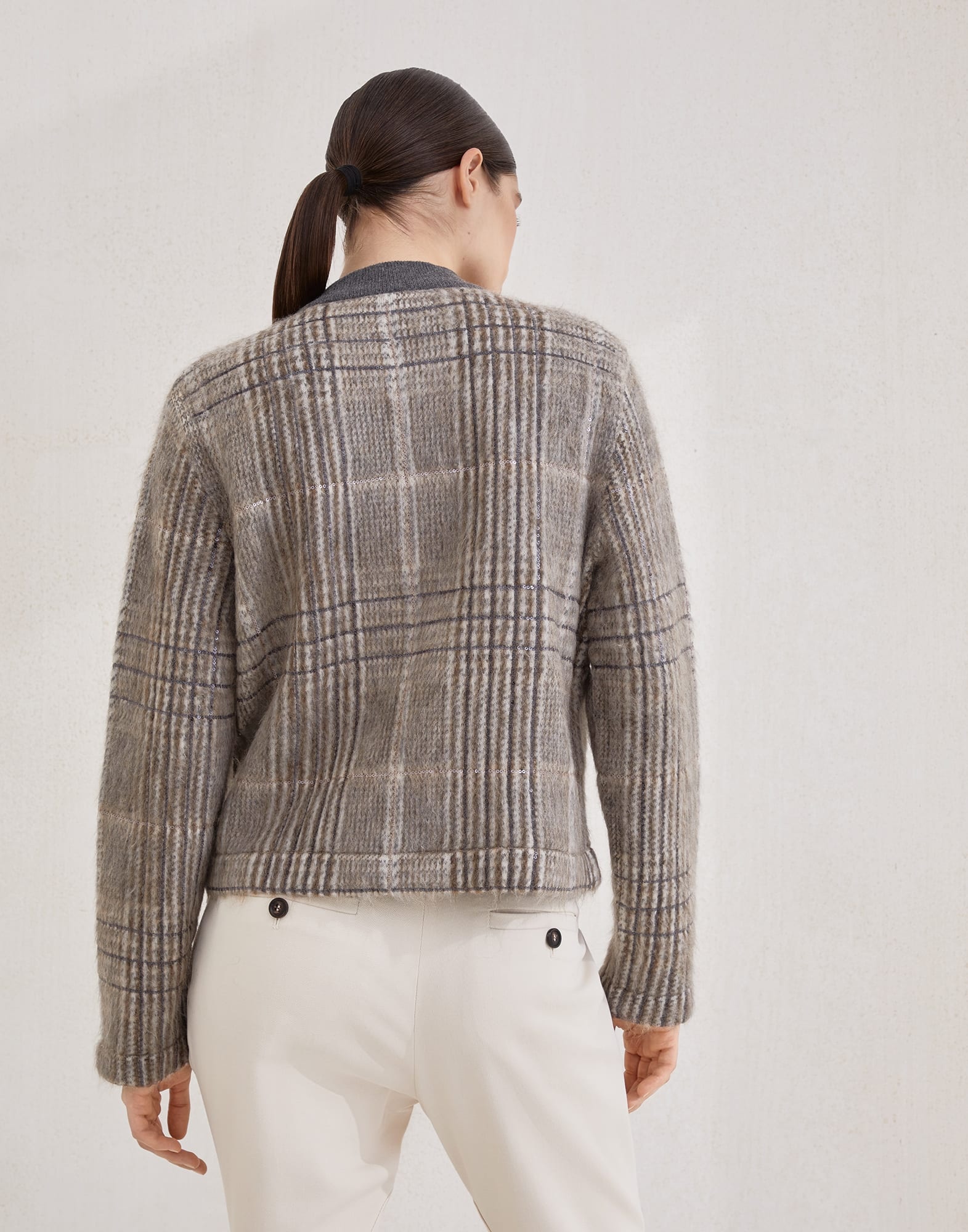 Mohair, virgin wool and cashmere jacquard cardigan with dazzling check embroidery - 2