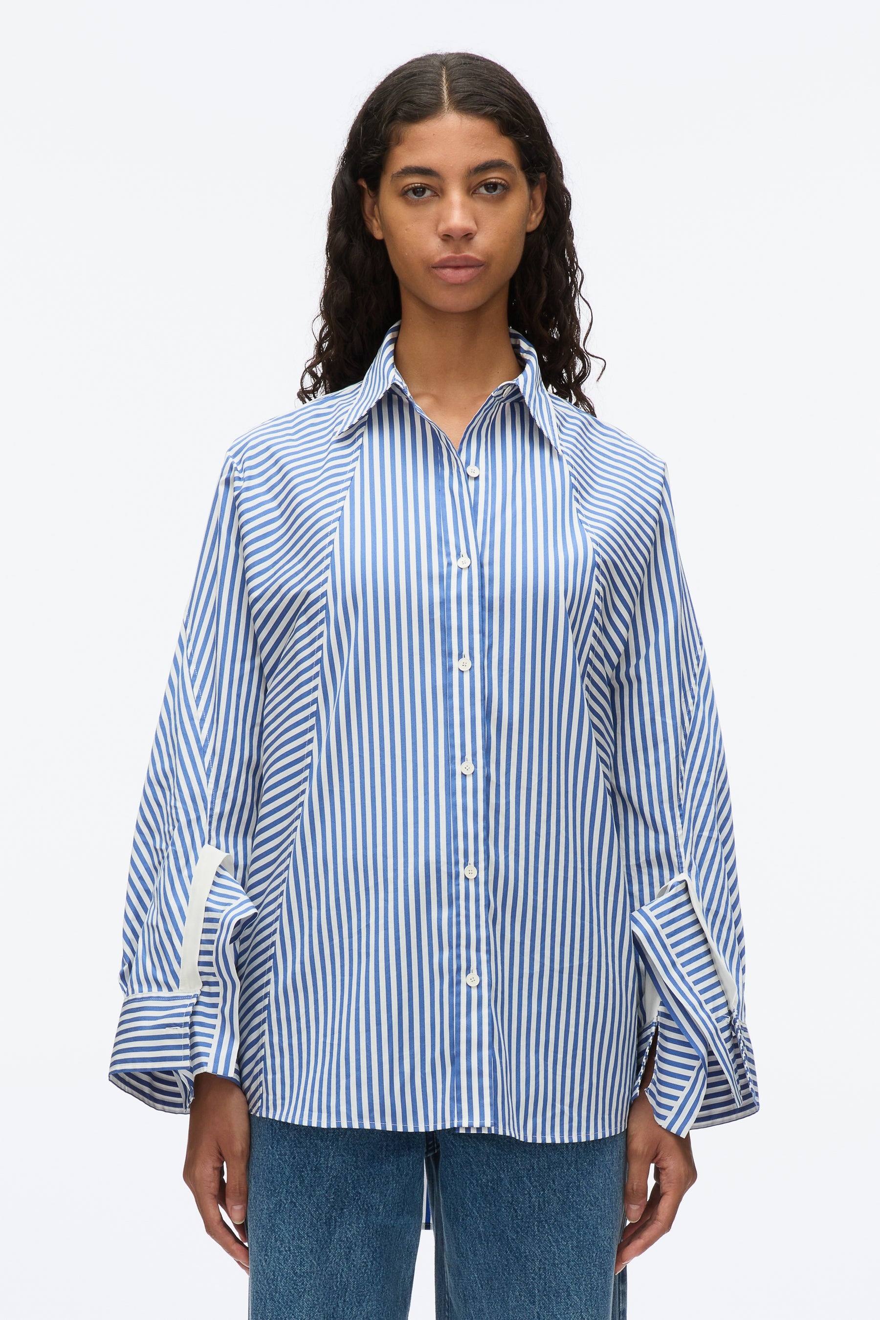 Oversized Stripe Shirt with Cascade Sleeves - 2