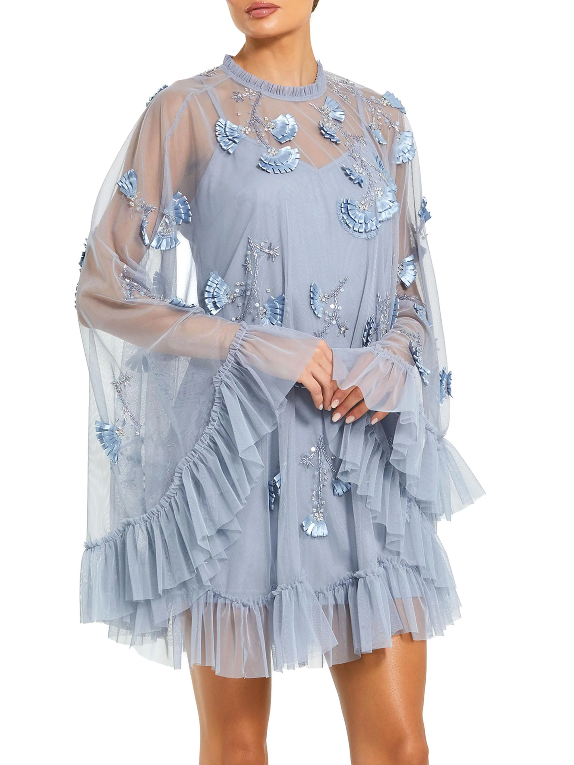 Women's Mac Embellished Mesh A-Line Minidress - Powder Blue - 1