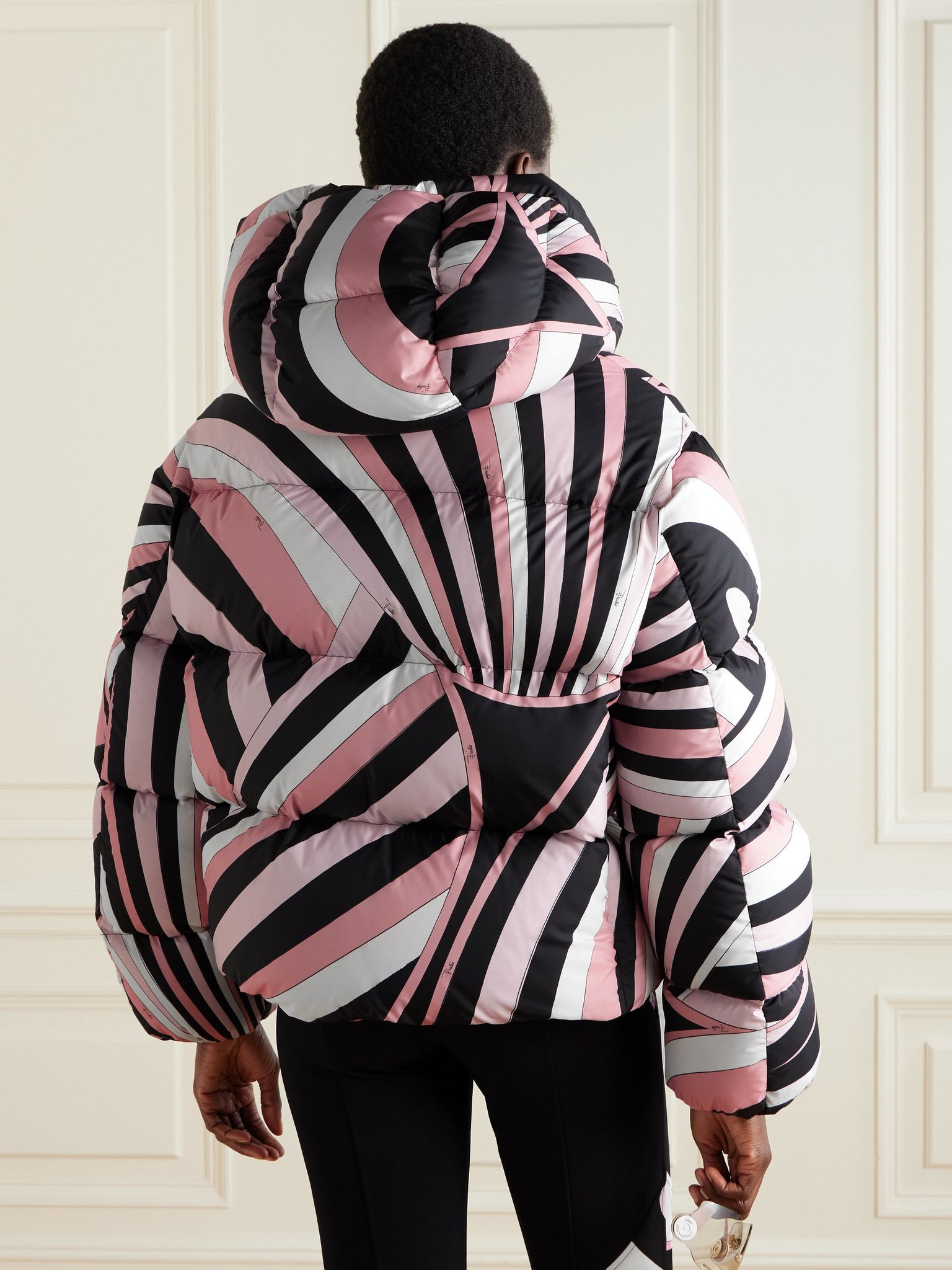 Printed quilted shell hooded down jacket Pink - 4