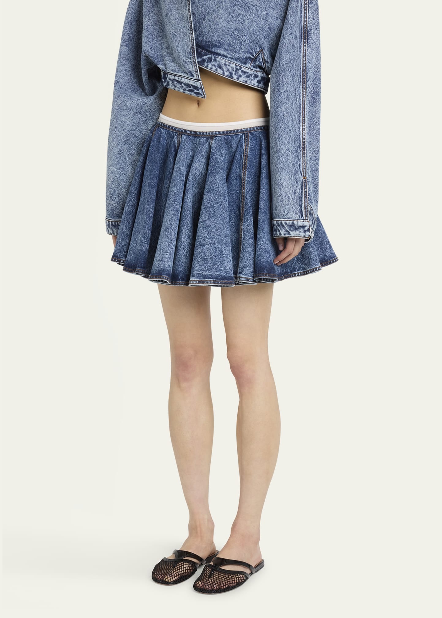 Flared Denim Pleated Mini Skirt - 4