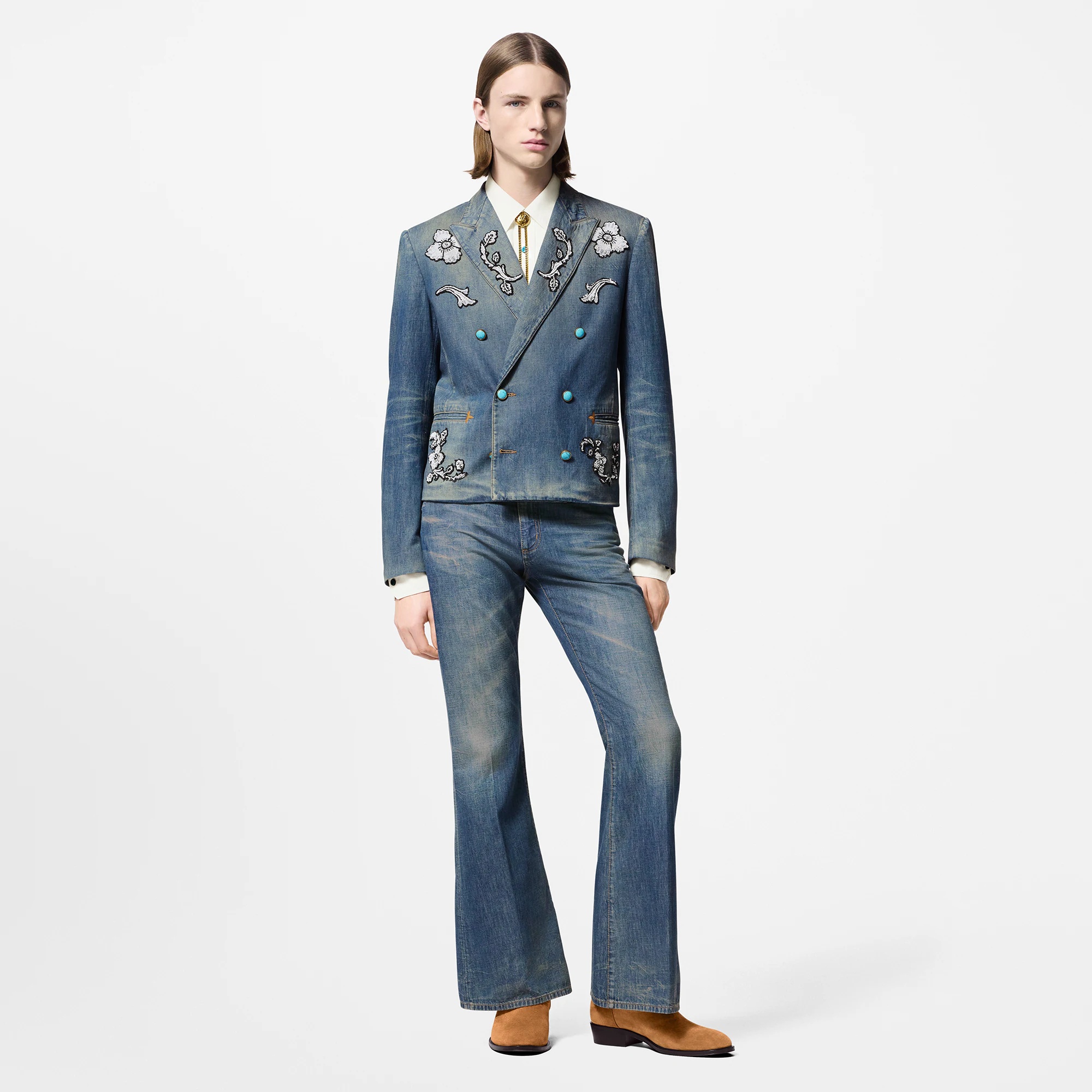 Embroidered Double-Breasted Cotton Chambray Jacket - 4