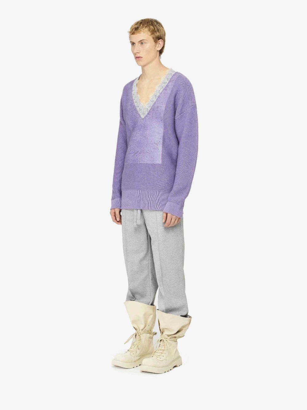 V-NECK LACE TRIM SWEATER - 4