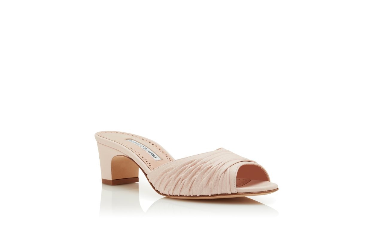 Beige Nappa Leather Ruched Open Toe Mules - 3