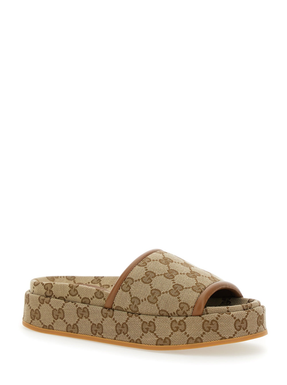 Gucci Women Beige Sandals With Leather Finishes And All-Over Gg Motif In Fabric Woman - 2