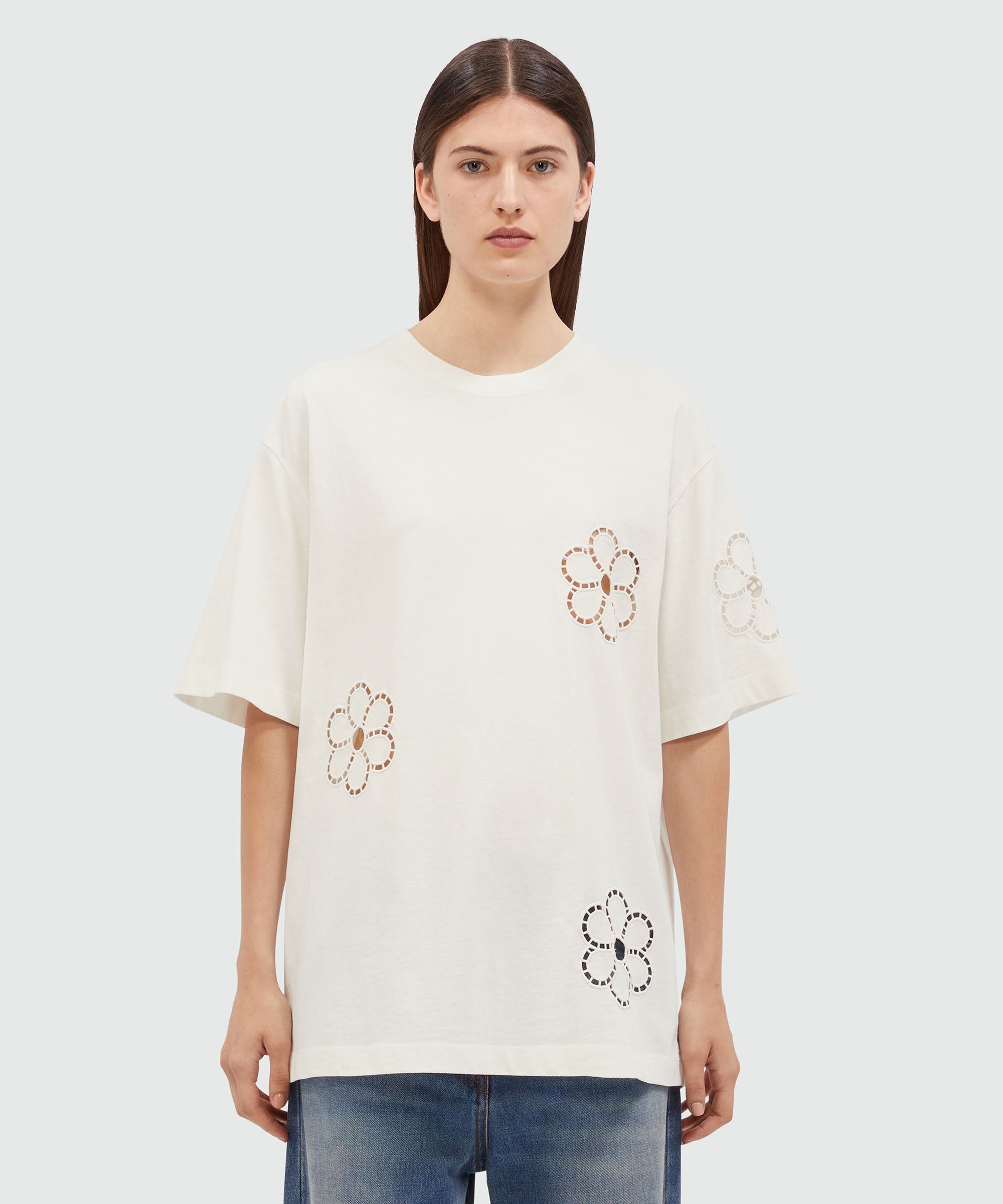 White cotton T-Shirt with floral embroidery - 2