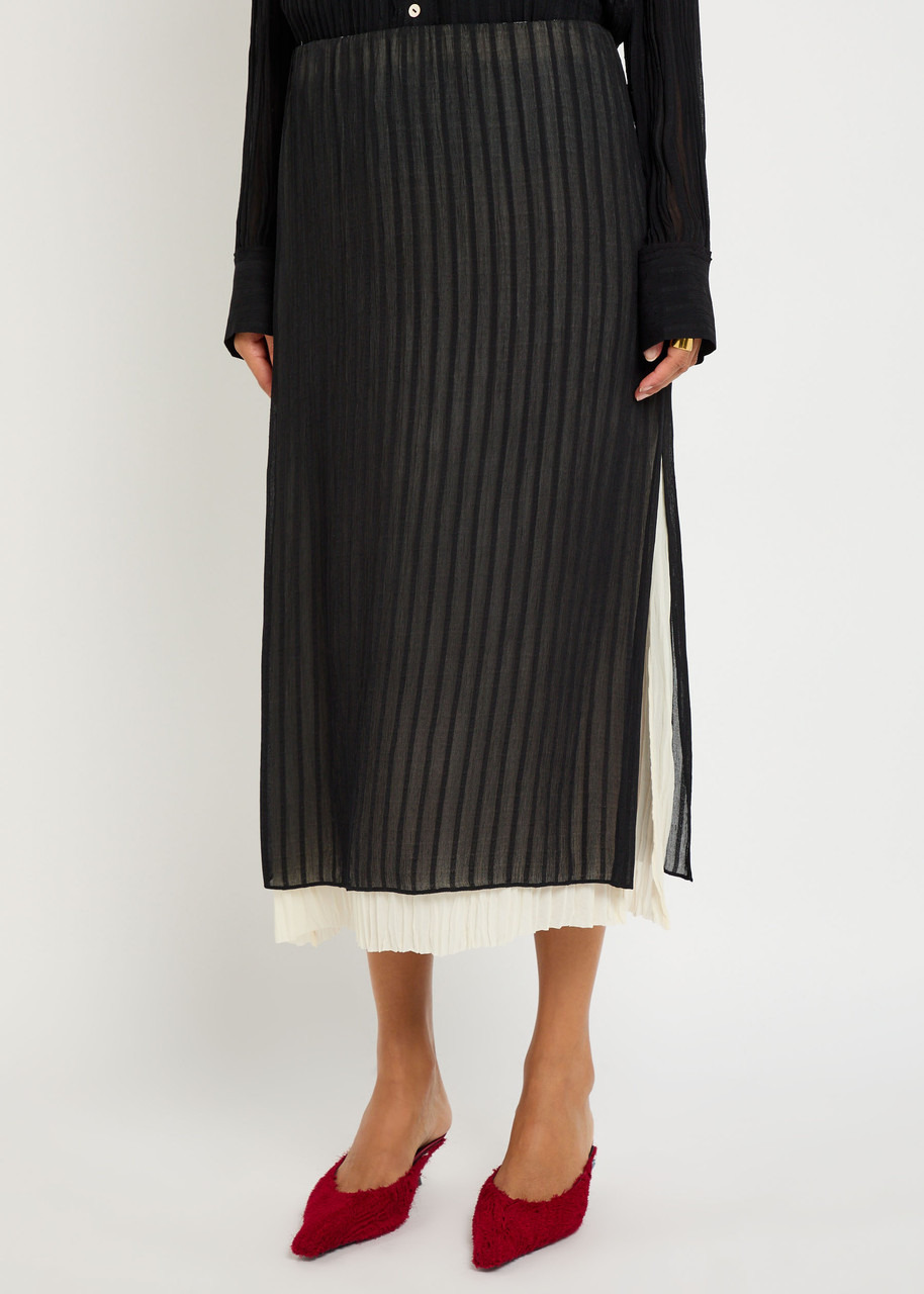 Vince Layered Striped Plissé Midi Skirt - 2