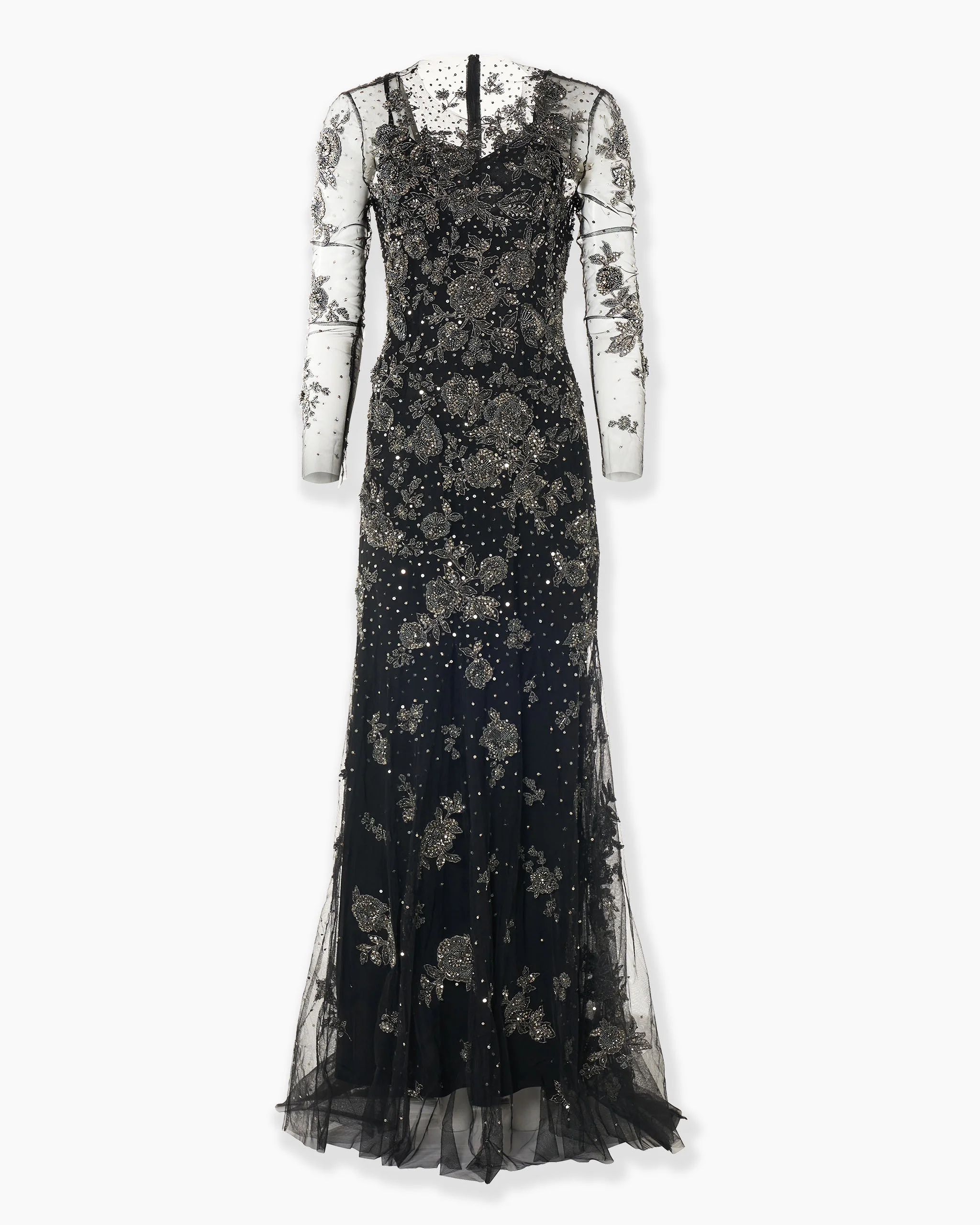 Trumpet Gown with Pewter Floral Embroidery - 1