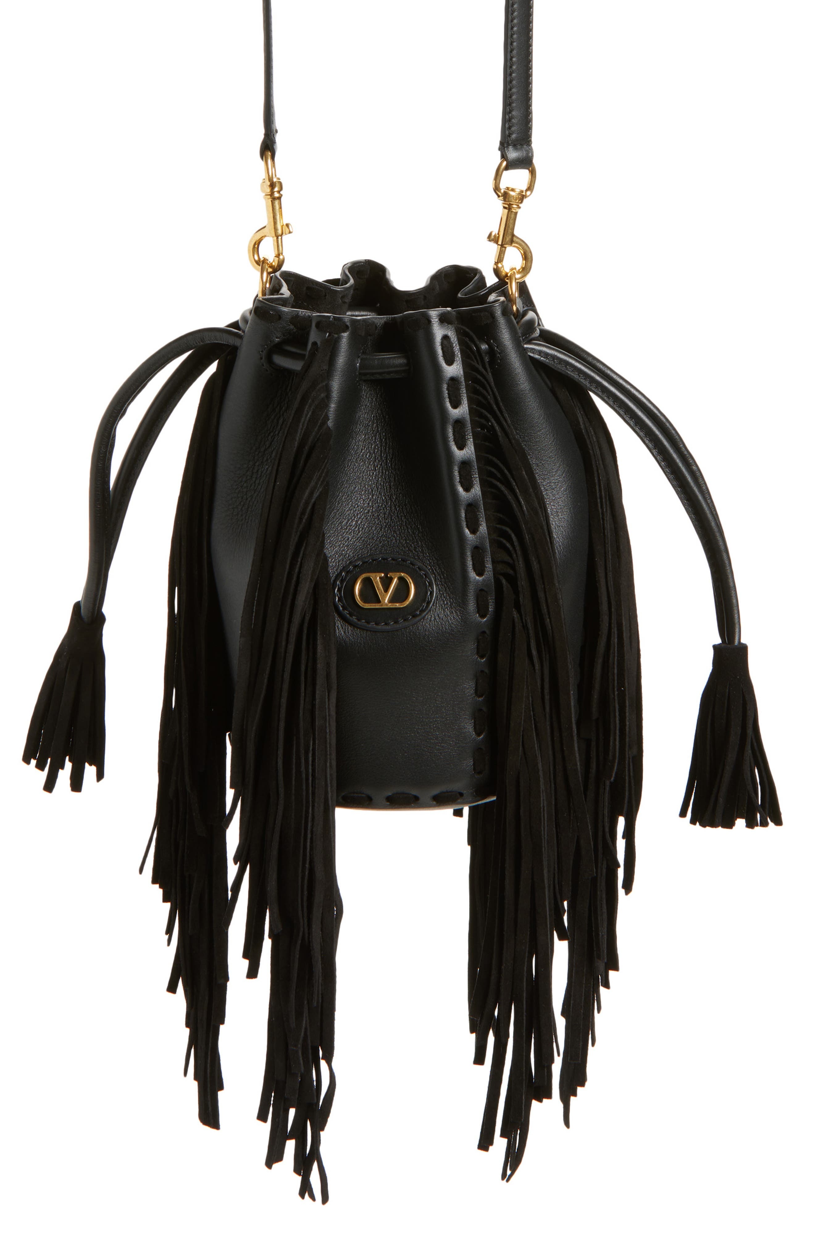 Valentino Garavani Small Nellcôte Fringed Leather Bucket Bag in Black at Nordstrom - 1