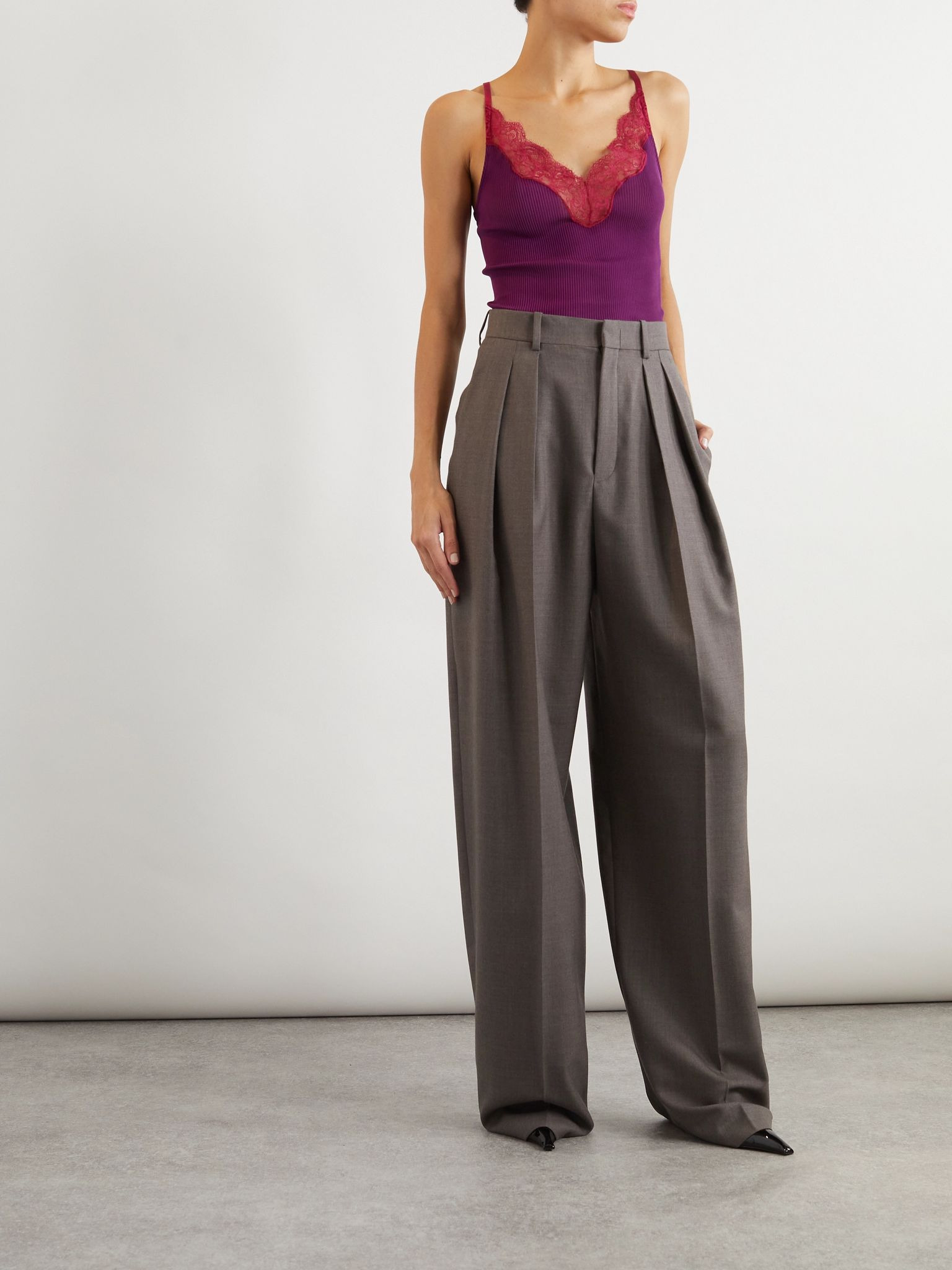 Lace-trimmed ribbed silk tank Purple - 2